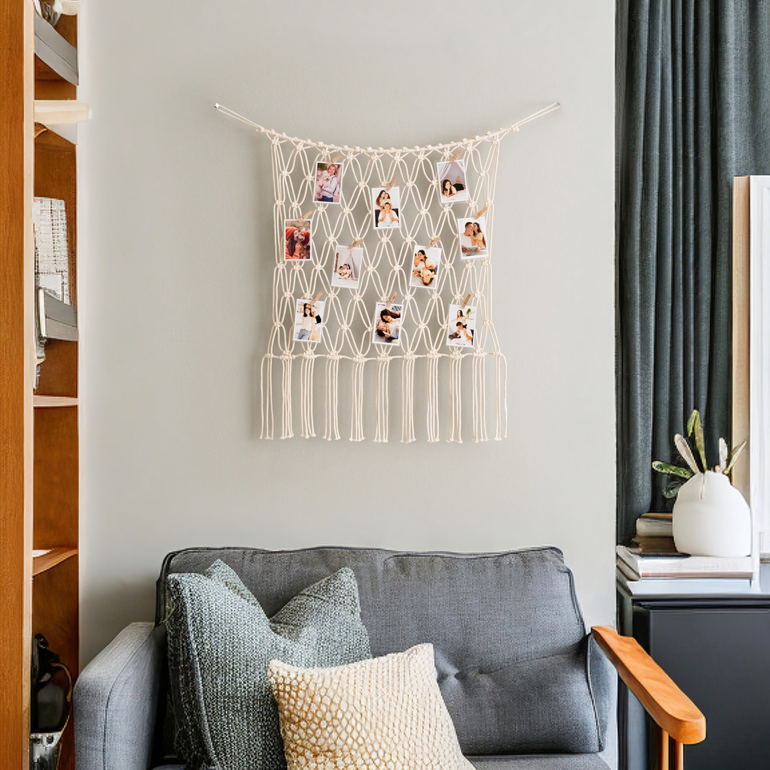 Macrame Photo Grid – Boho Hanging Net for Wall Display I19