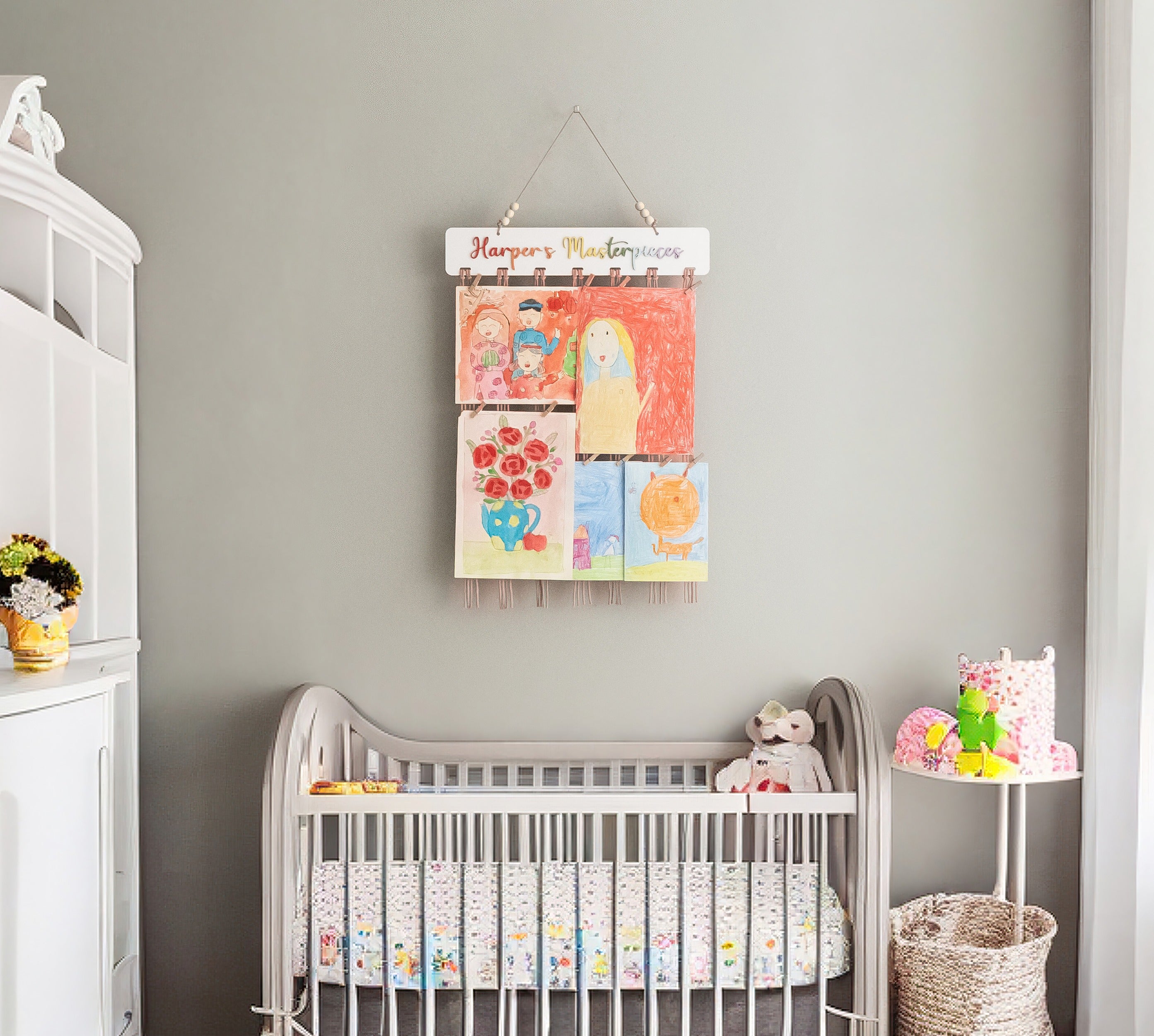 Personalized Kids' Art Display Hanger – Macrame Wall Organizer I28