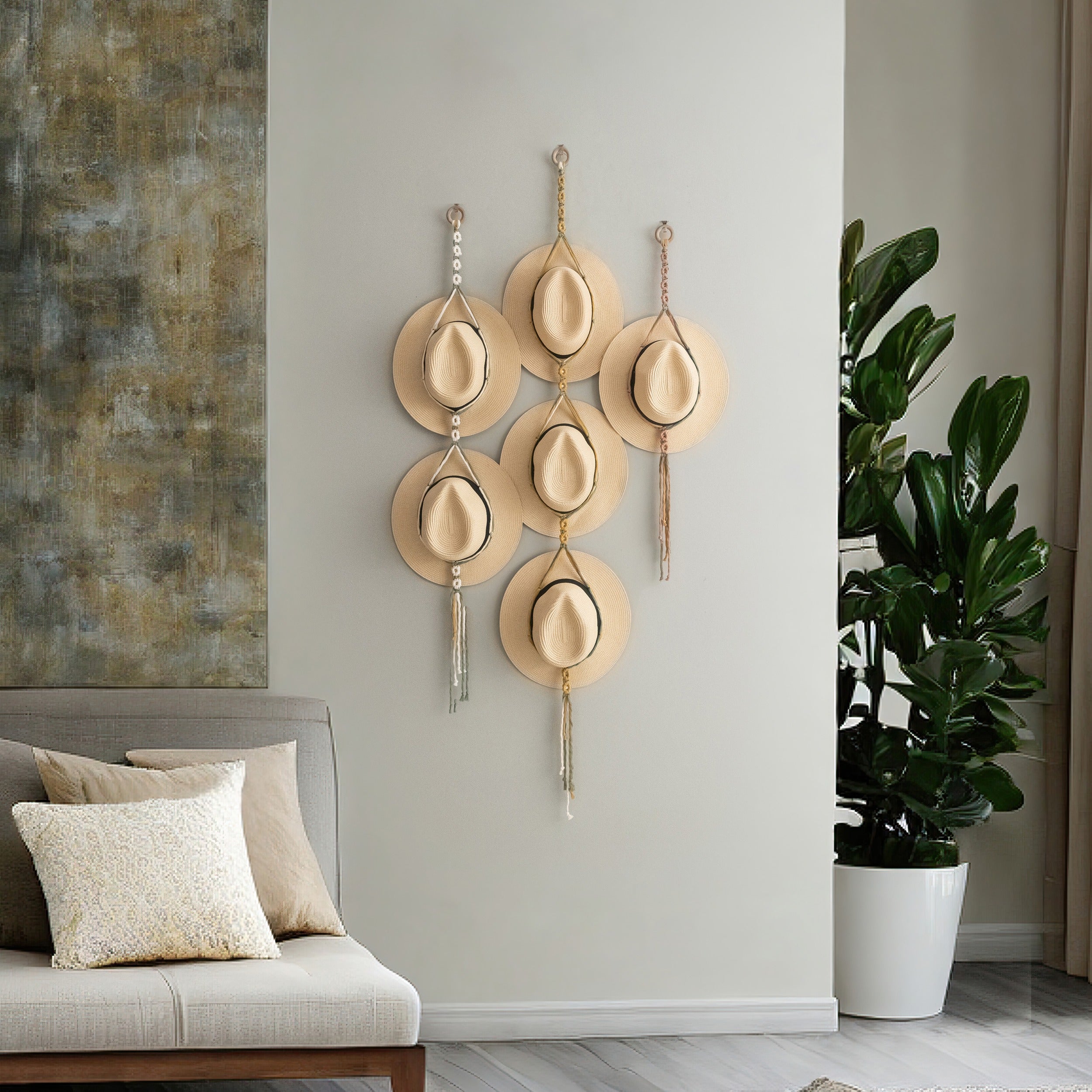 Floral Macrame Hat Hanger – Boho Wall Organizer with Daisies I89