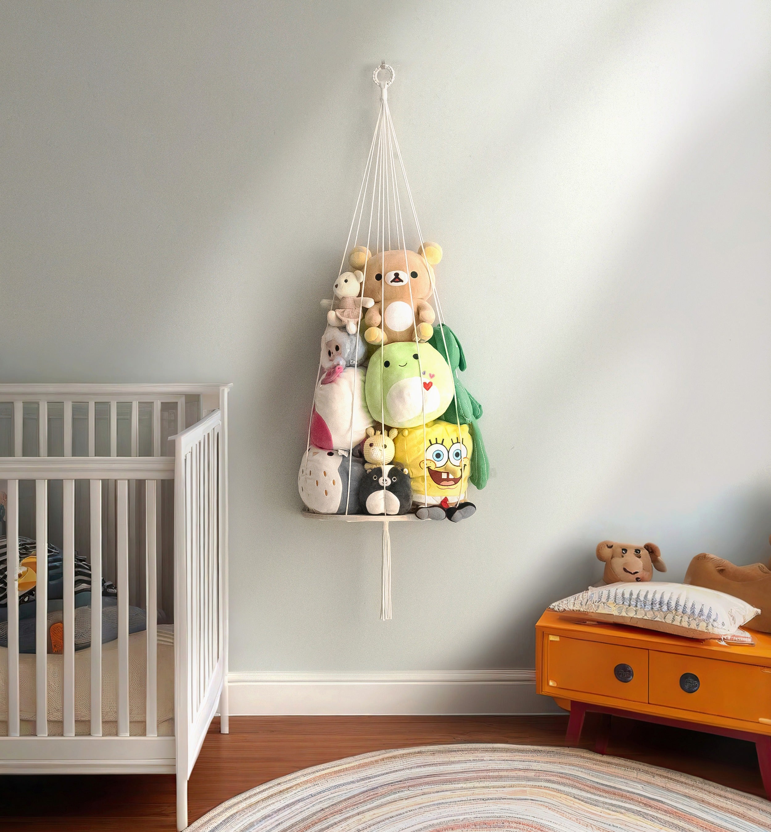 Macrame Toy Hammock with Wood Shelf for Stuffed Animal Storage I94