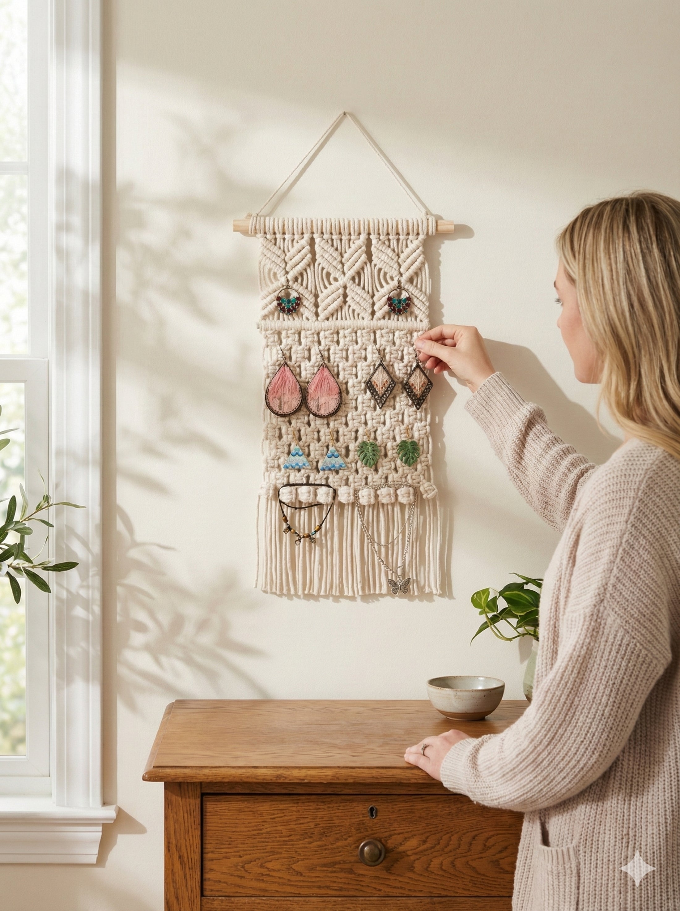Macrame Earring Holder - Boho Jewelry Organizer Wall Hanging I80