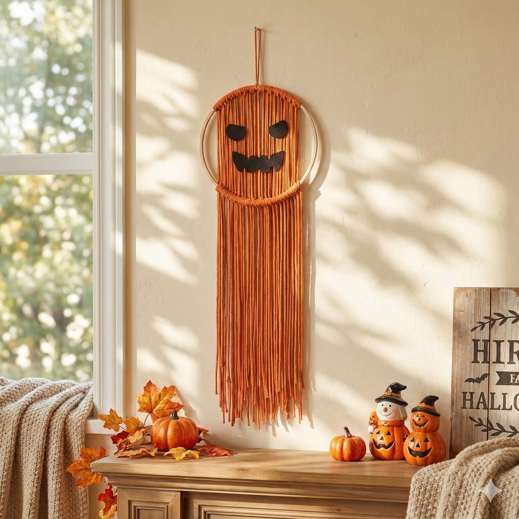 Macrame Pumpkin Ghost – Cotton Halloween Wall Hanging Decor V74