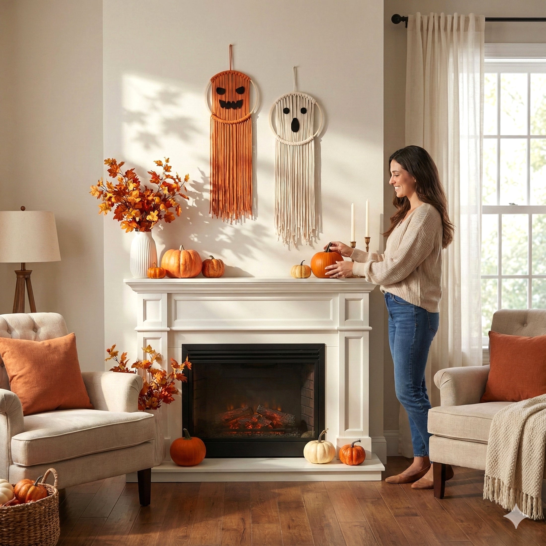 Macrame Pumpkin Ghost – Cotton Halloween Wall Hanging Decor V74