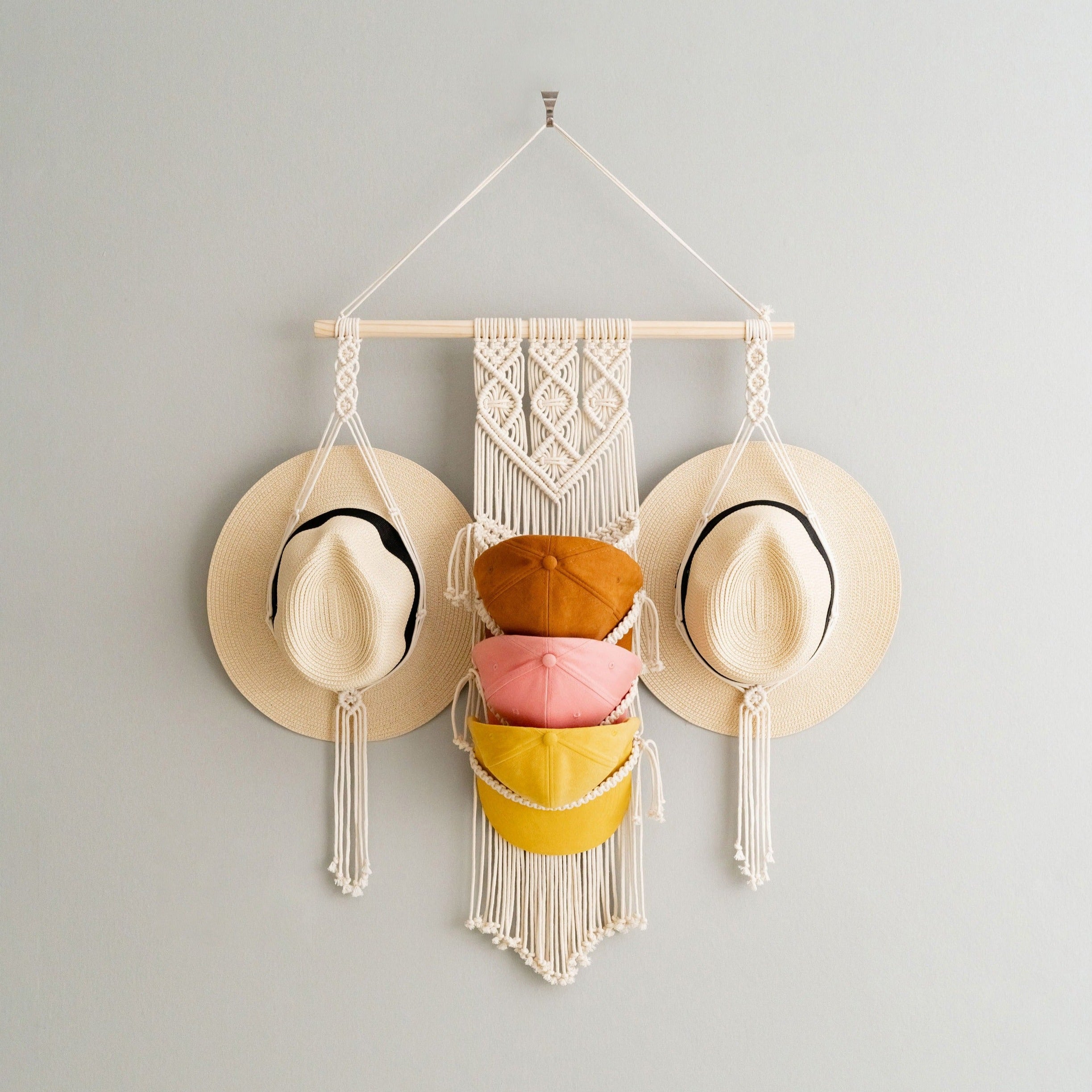 Macrame Hat and Cap Holder – Boho Wall Organizer Display I53
