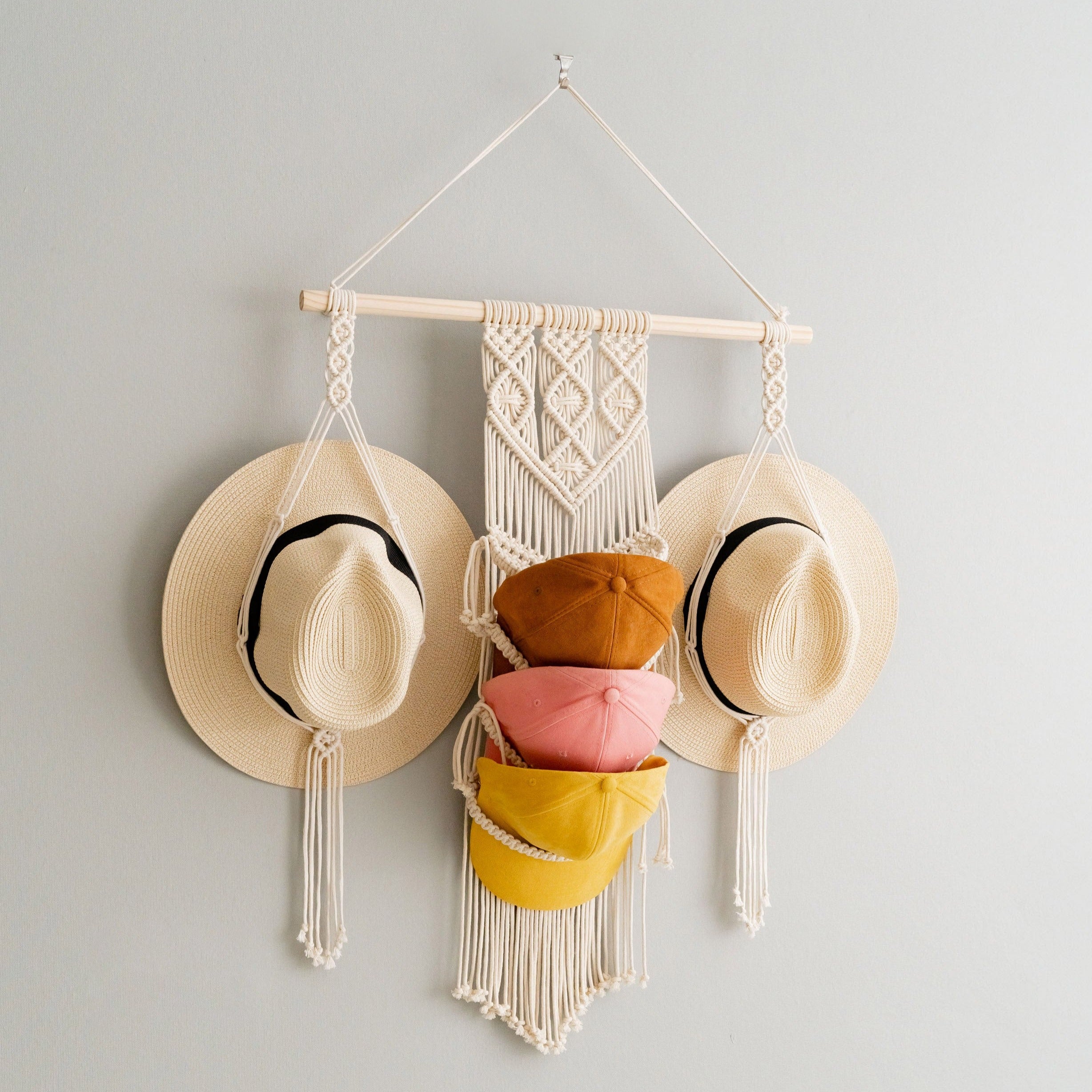 Macrame Hat and Cap Holder – Boho Wall Organizer Display I53