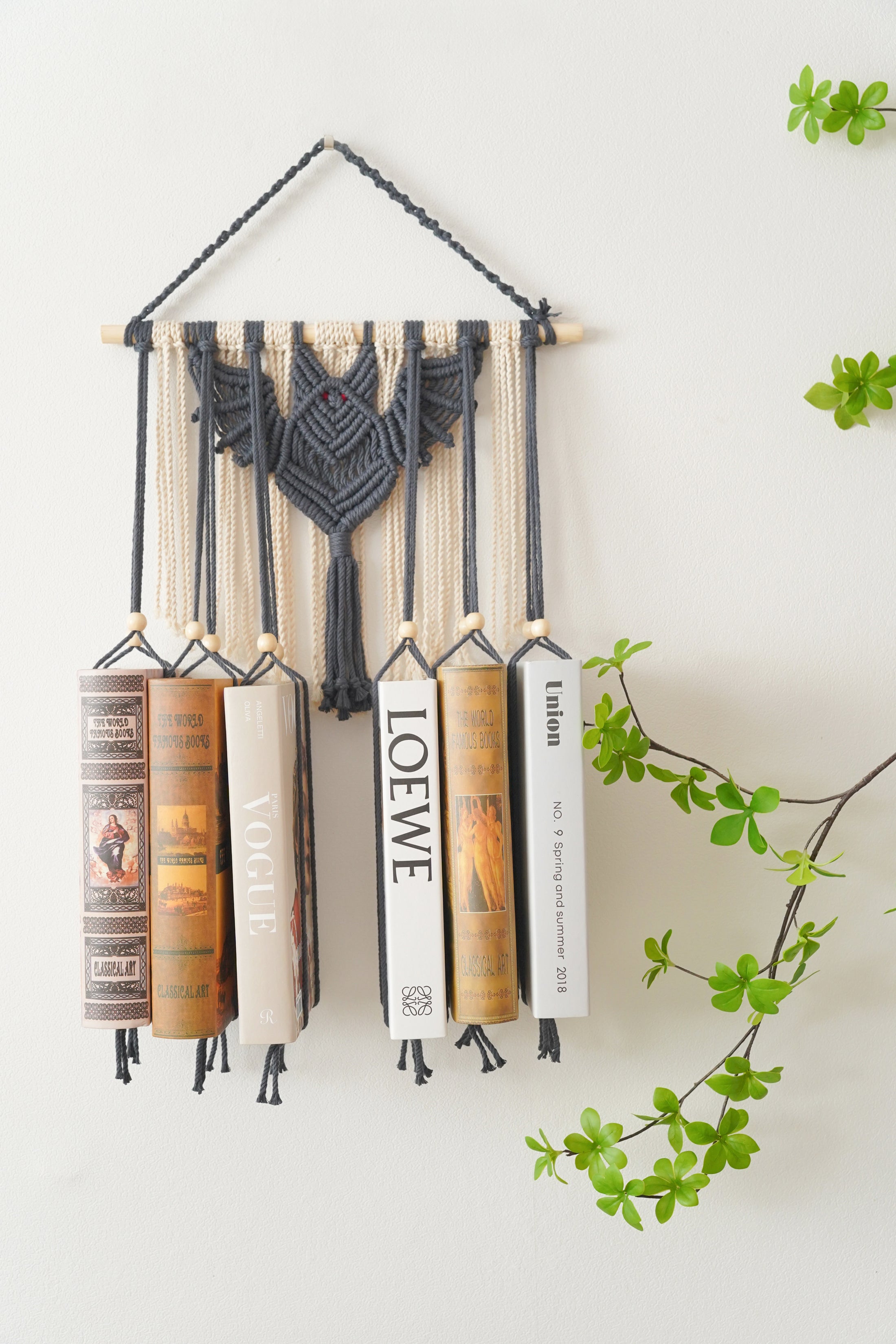 Macrame Bat-Inspired Wall Book Holder – Hanging Bookshelf Organizer H19