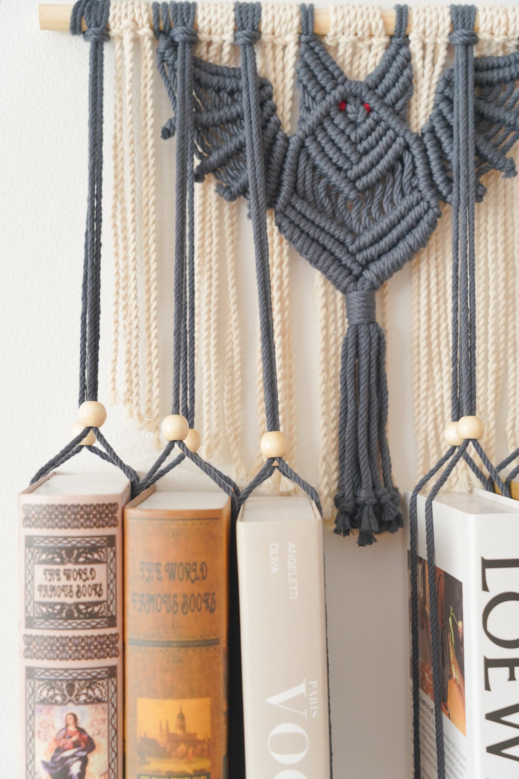 Macrame Bat-Inspired Wall Book Holder – Hanging Bookshelf Organizer H19