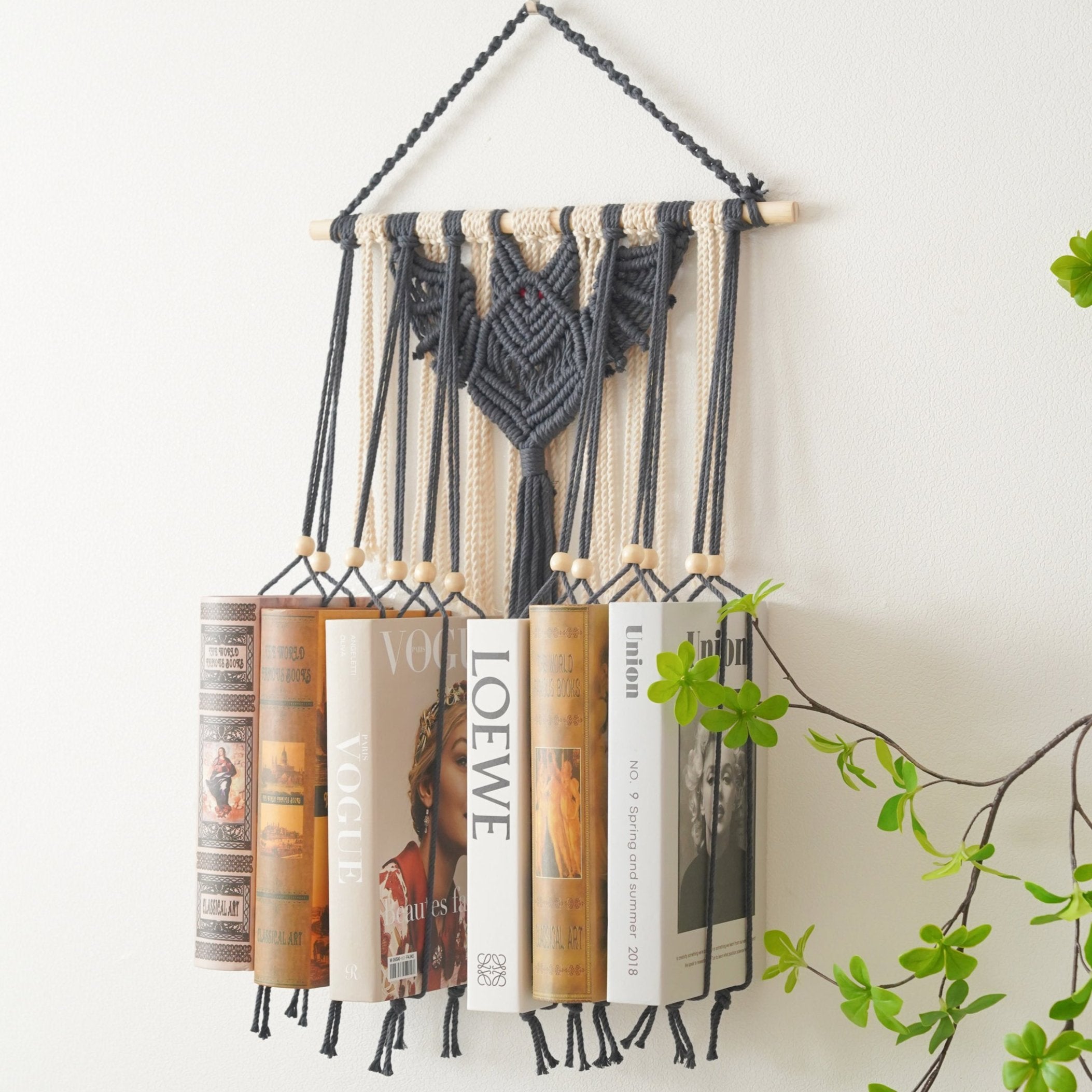 Macrame Bat-Inspired Wall Book Holder – Hanging Bookshelf Organizer H19