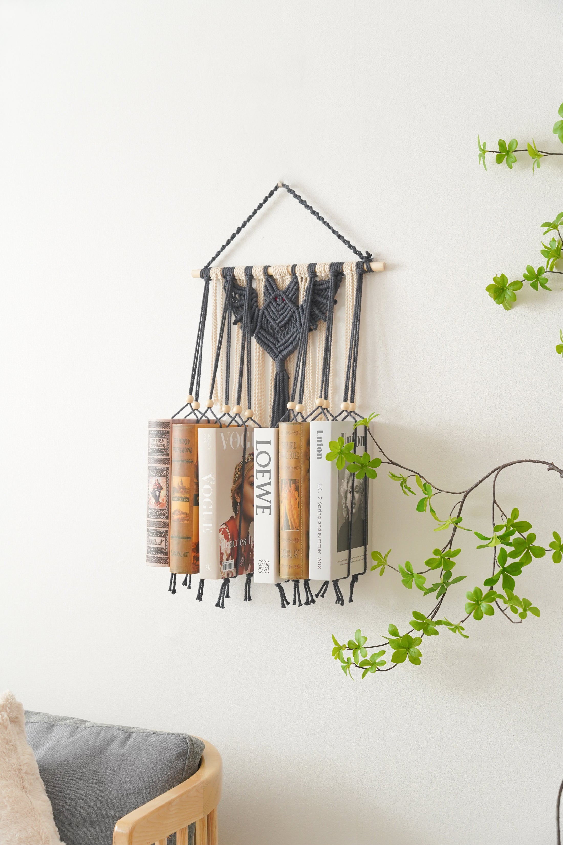Macrame Bat-Inspired Wall Book Holder – Hanging Bookshelf Organizer H19