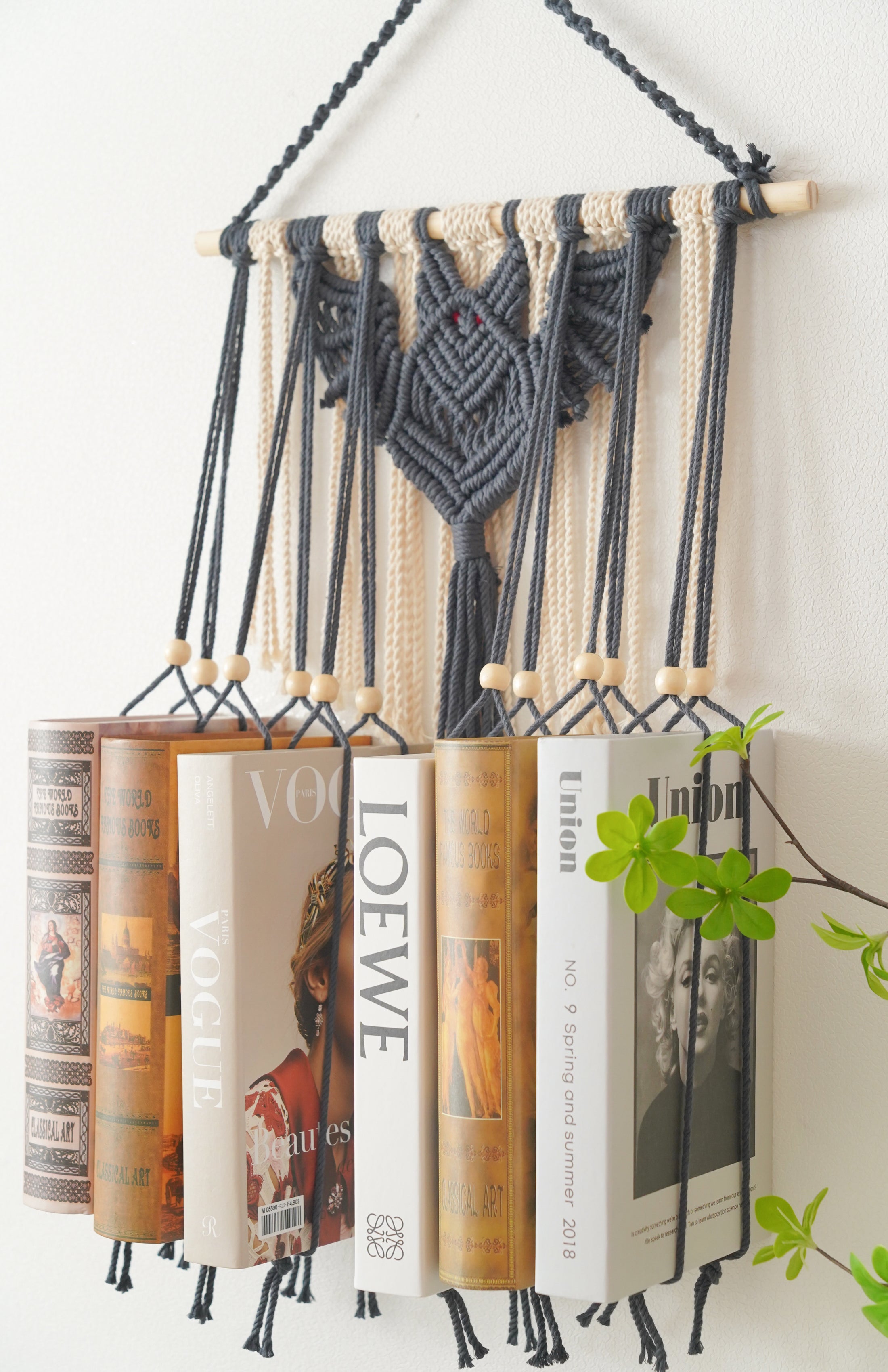 Macrame Bat-Inspired Wall Book Holder – Hanging Bookshelf Organizer H19