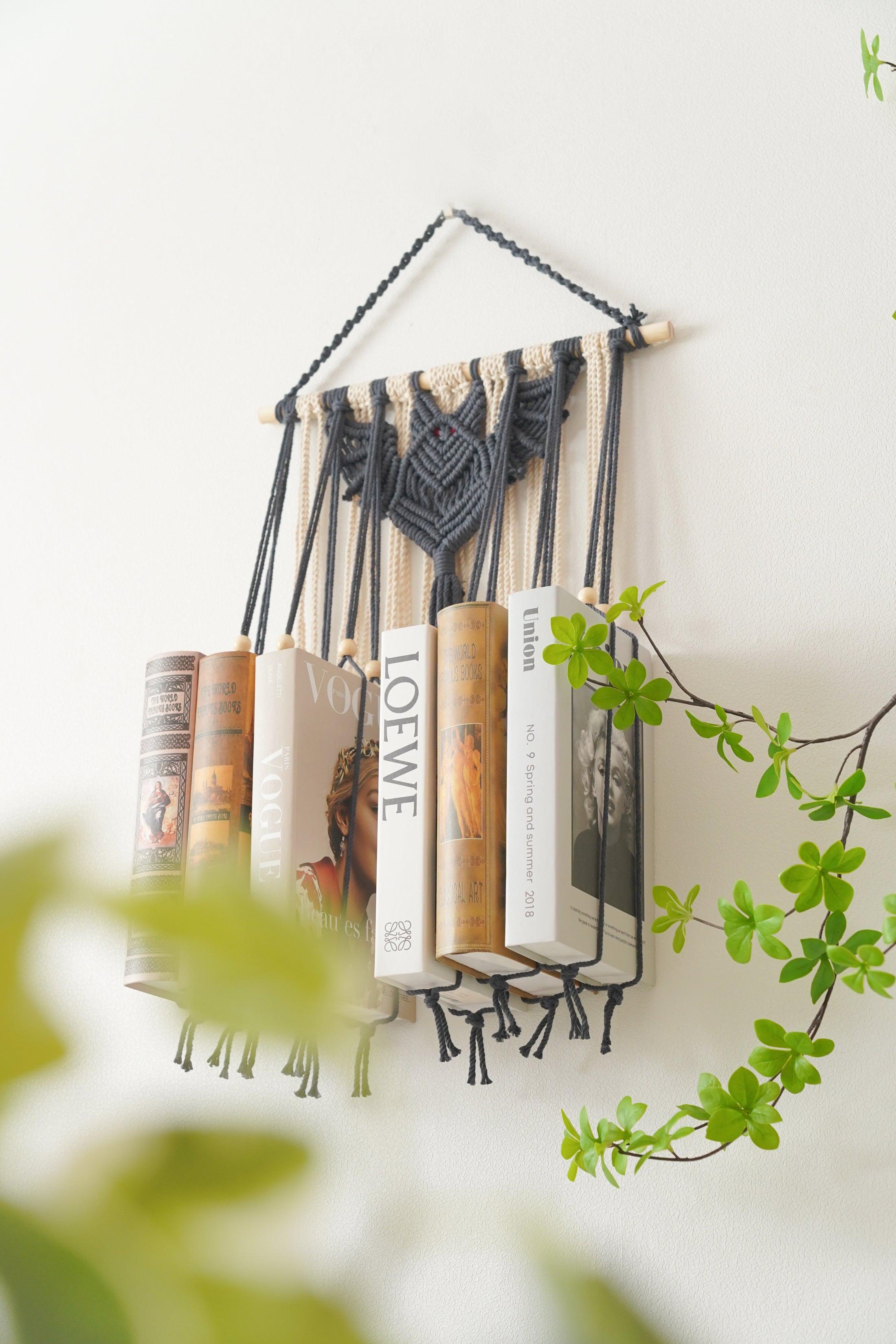 Macrame Bat-Inspired Wall Book Holder – Hanging Bookshelf Organizer H19