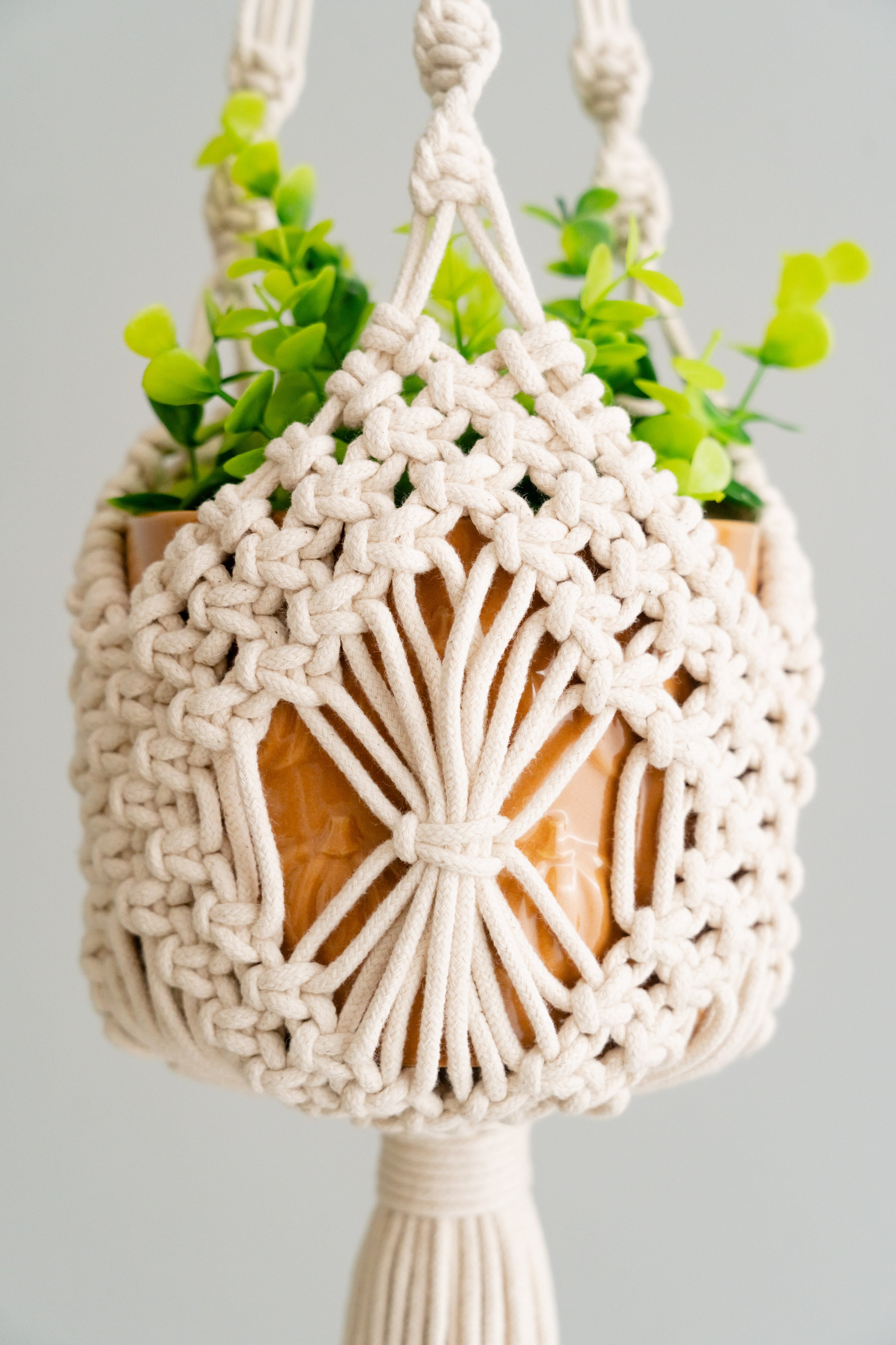 Macrame Plant Hanger with Tail – Boho Cotton Indoor Planter I54