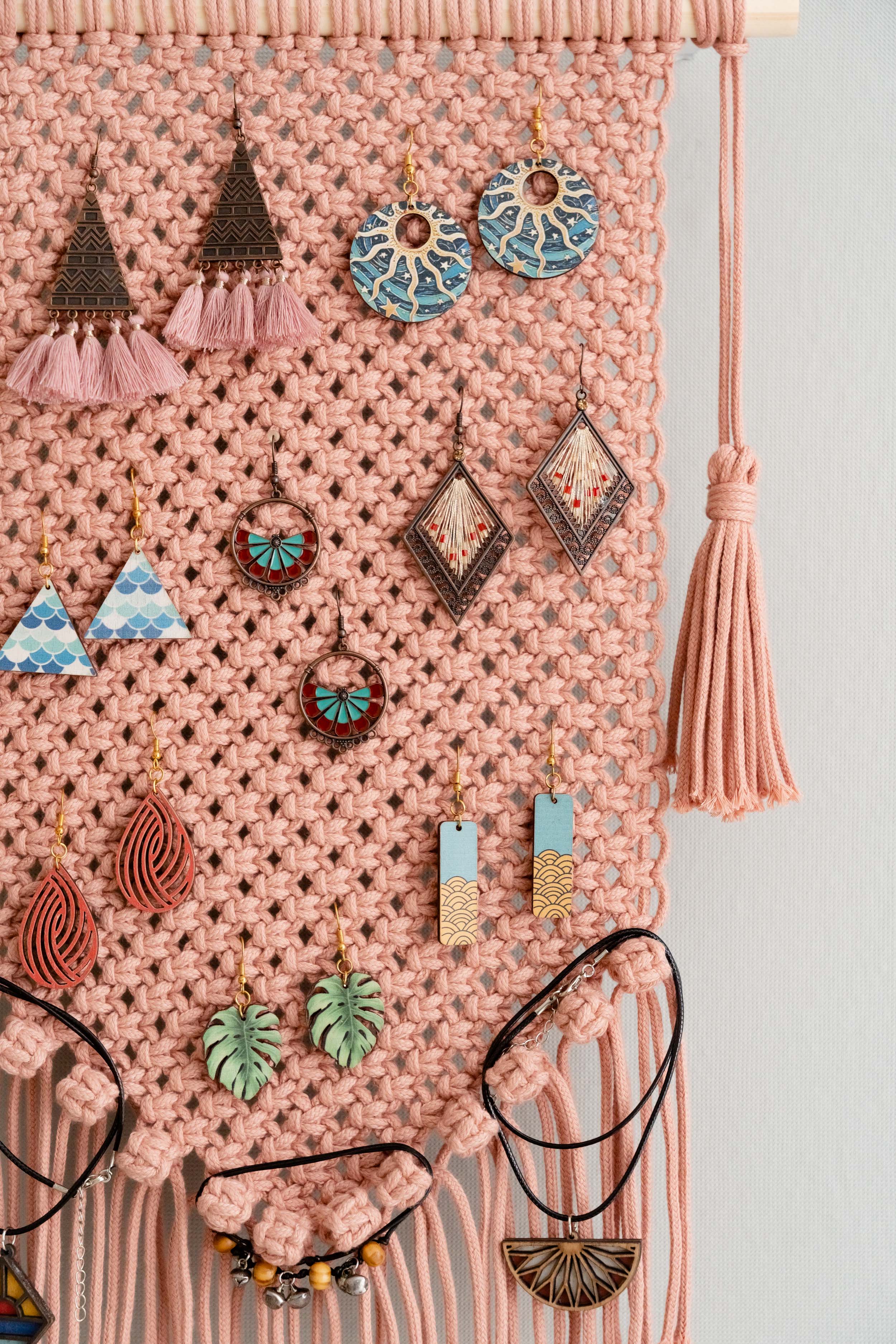 Handmade Macrame Earring Holder – Jewelry Wall Organizer I52