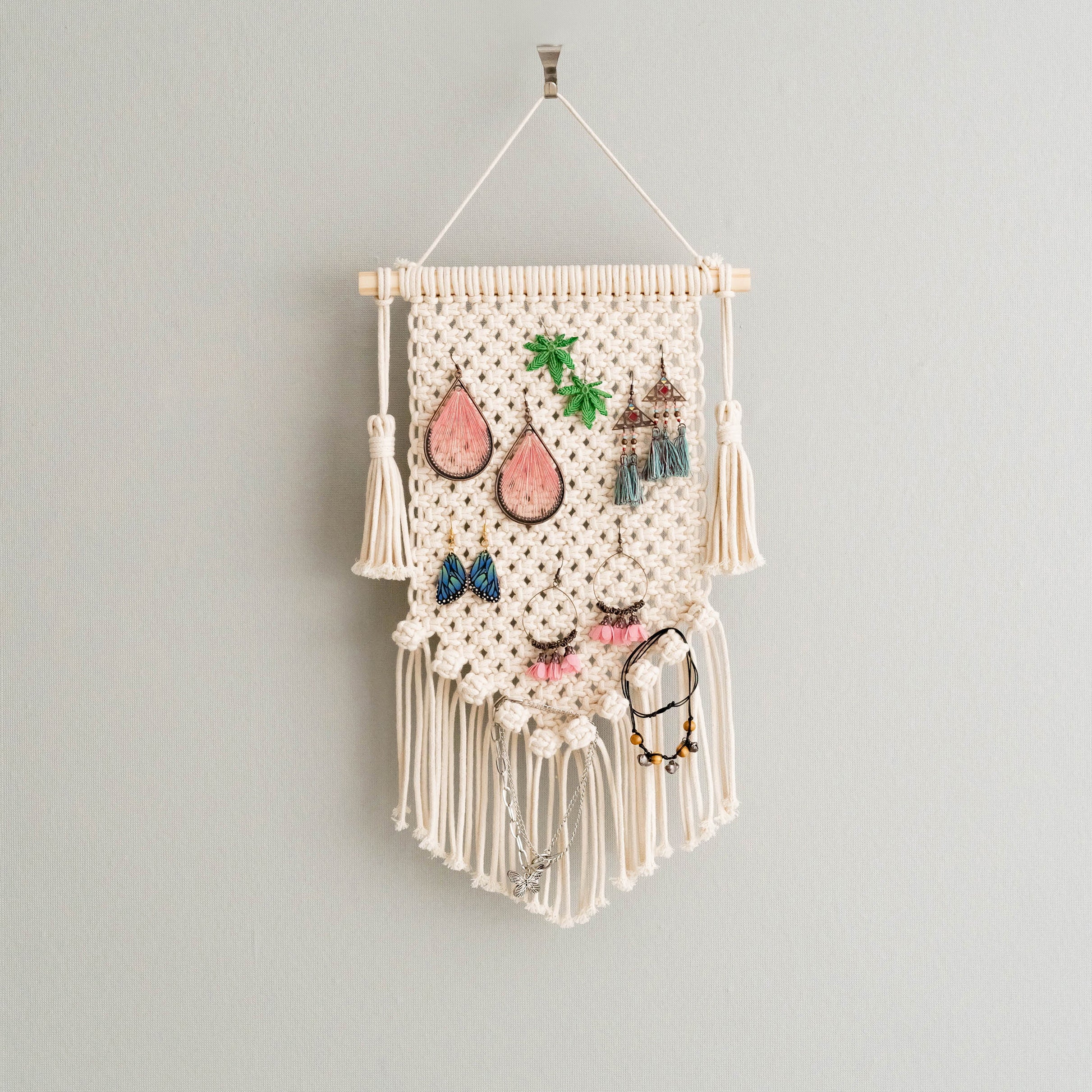 Handmade Macrame Earring Holder – Jewelry Wall Organizer I52