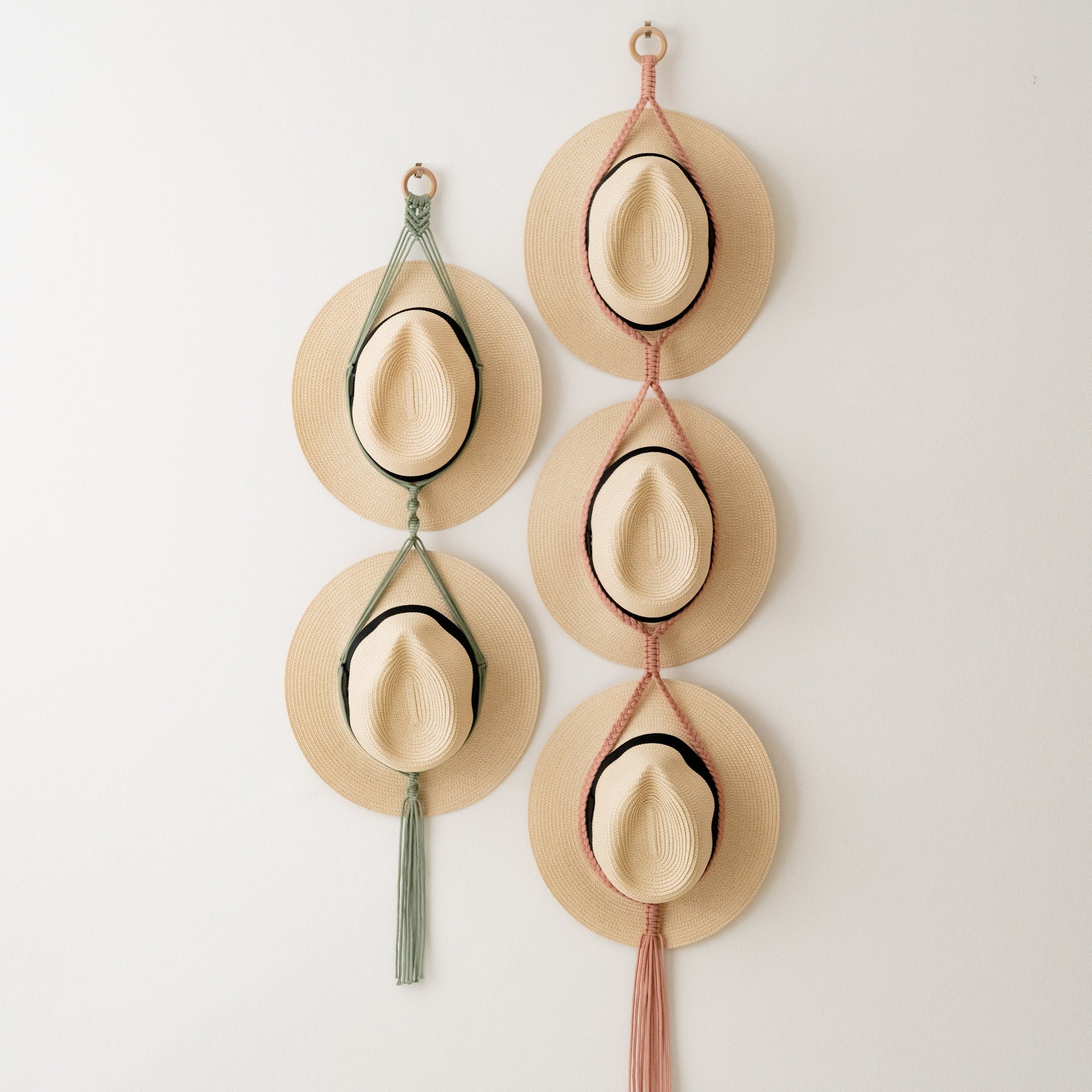 Macrame Hat Hanger with Wooden Ring for Wall Hat Storage I50