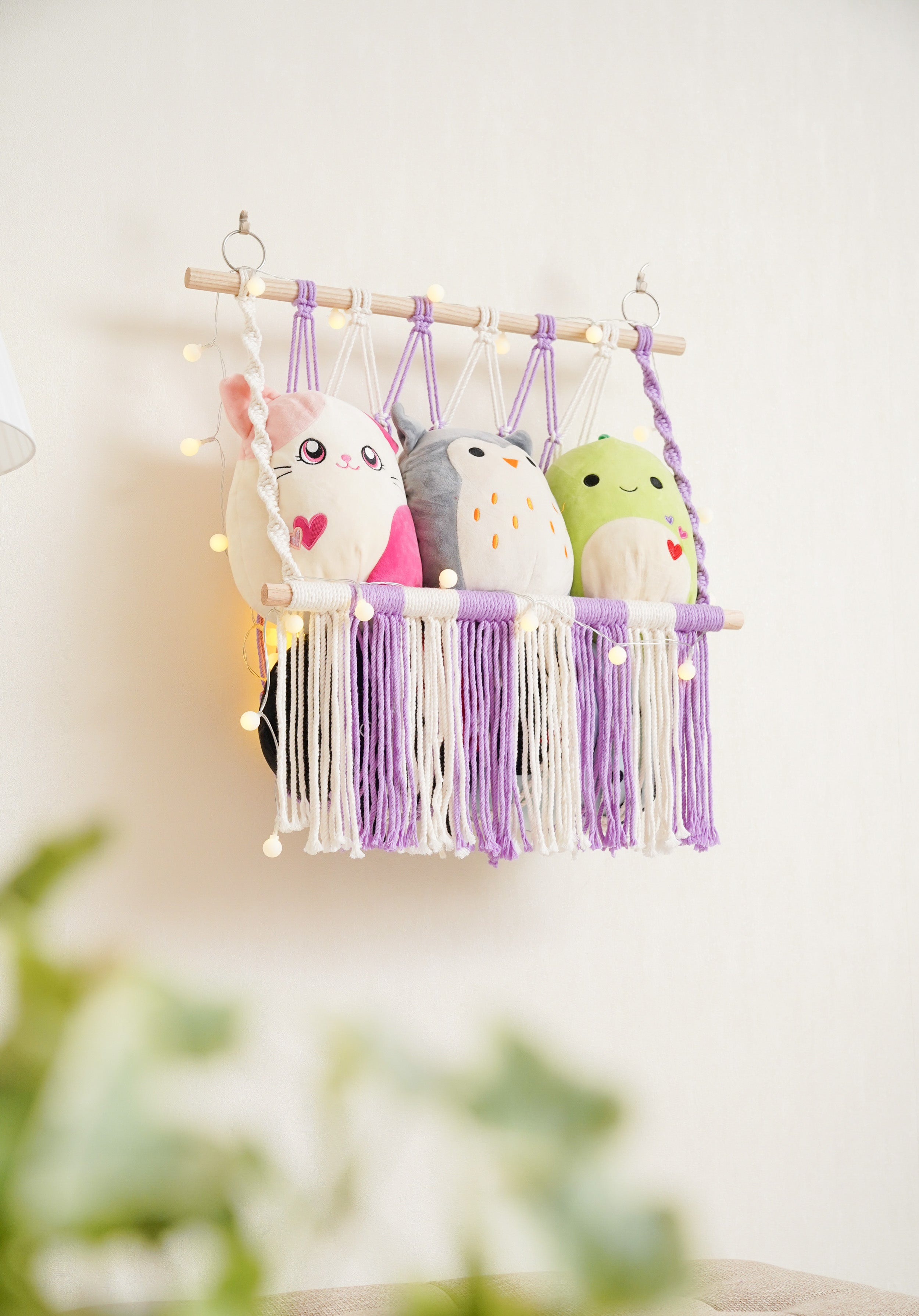 Macrame Toy Storage Hammock for Plush Toy Organizer and Nursery Wall Storage H24