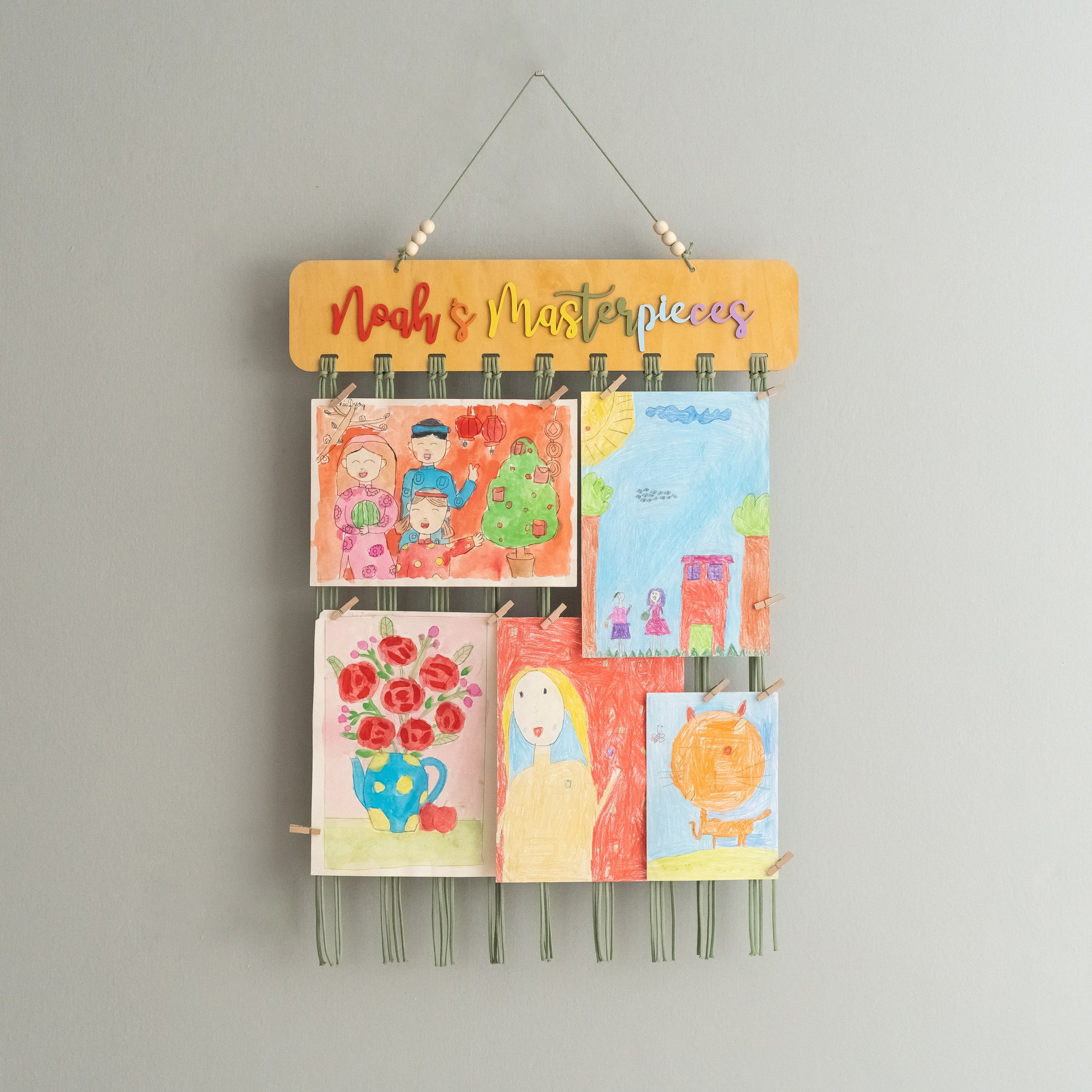 Macrame Kids Art Hanger Wood for Kids Art Display and Boho Wall Decor I28