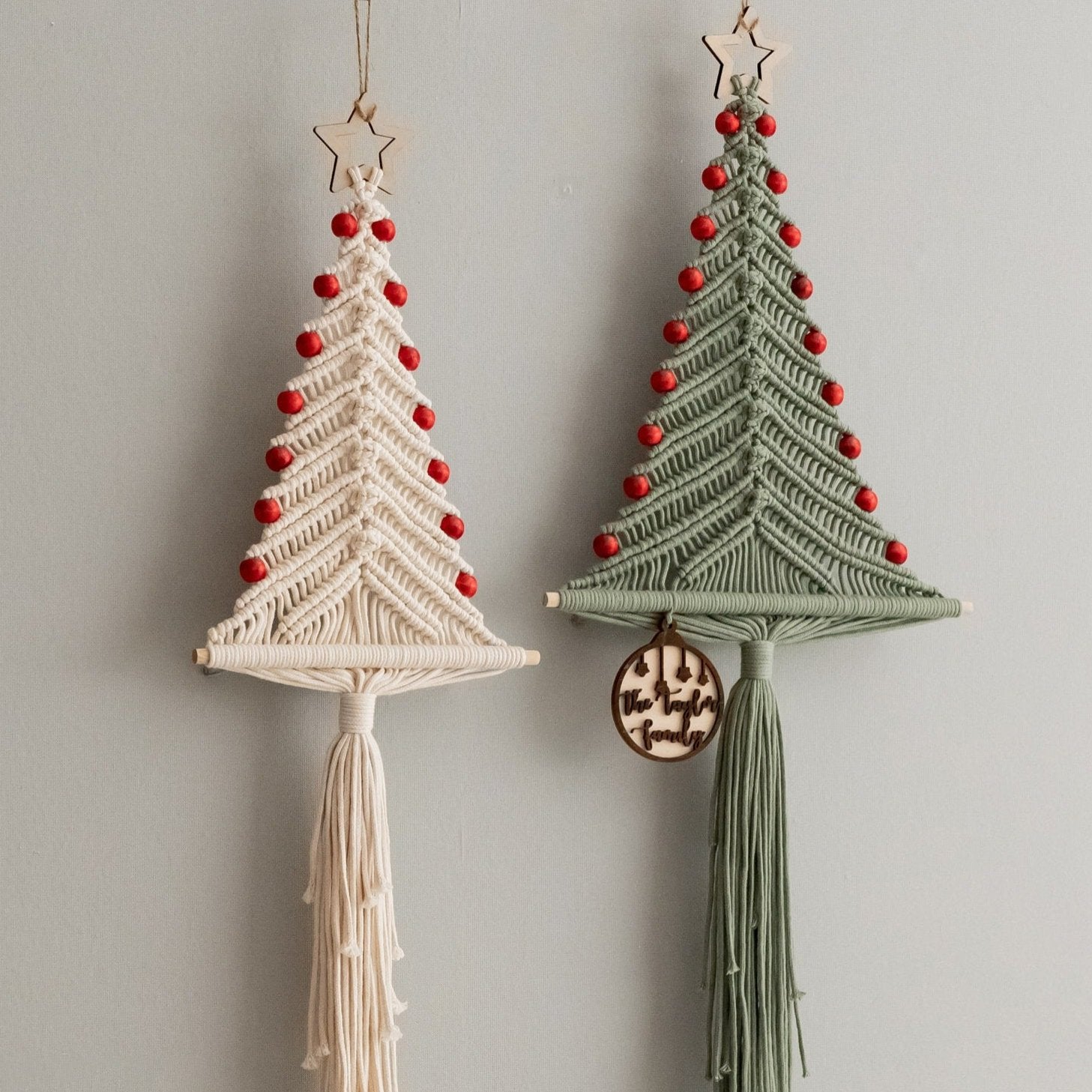Macrame Christmas Tree with Red Beads – Boho Wall Decor Gift X62