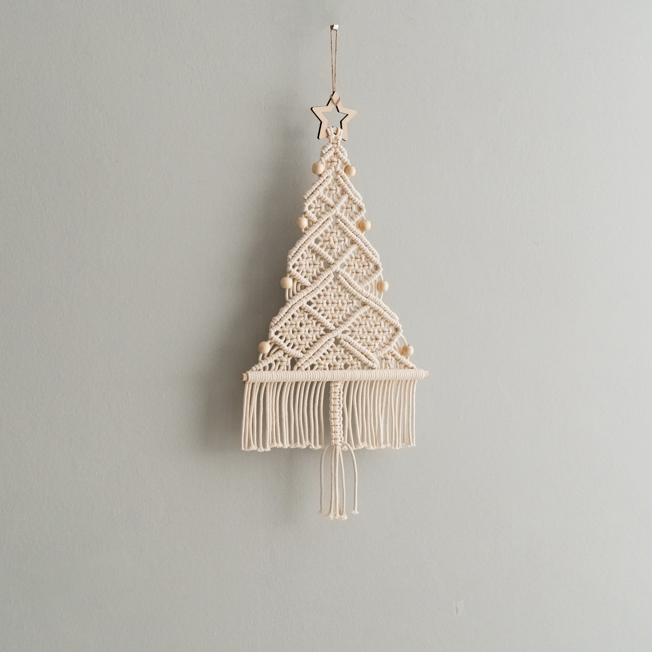Macrame Beaded Christmas Tree Ornament – Rustic Cotton Cord Decor X33