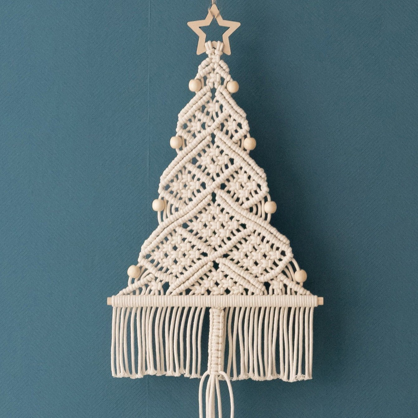 Macrame Beaded Christmas Tree Ornament – Rustic Cotton Cord Decor X33