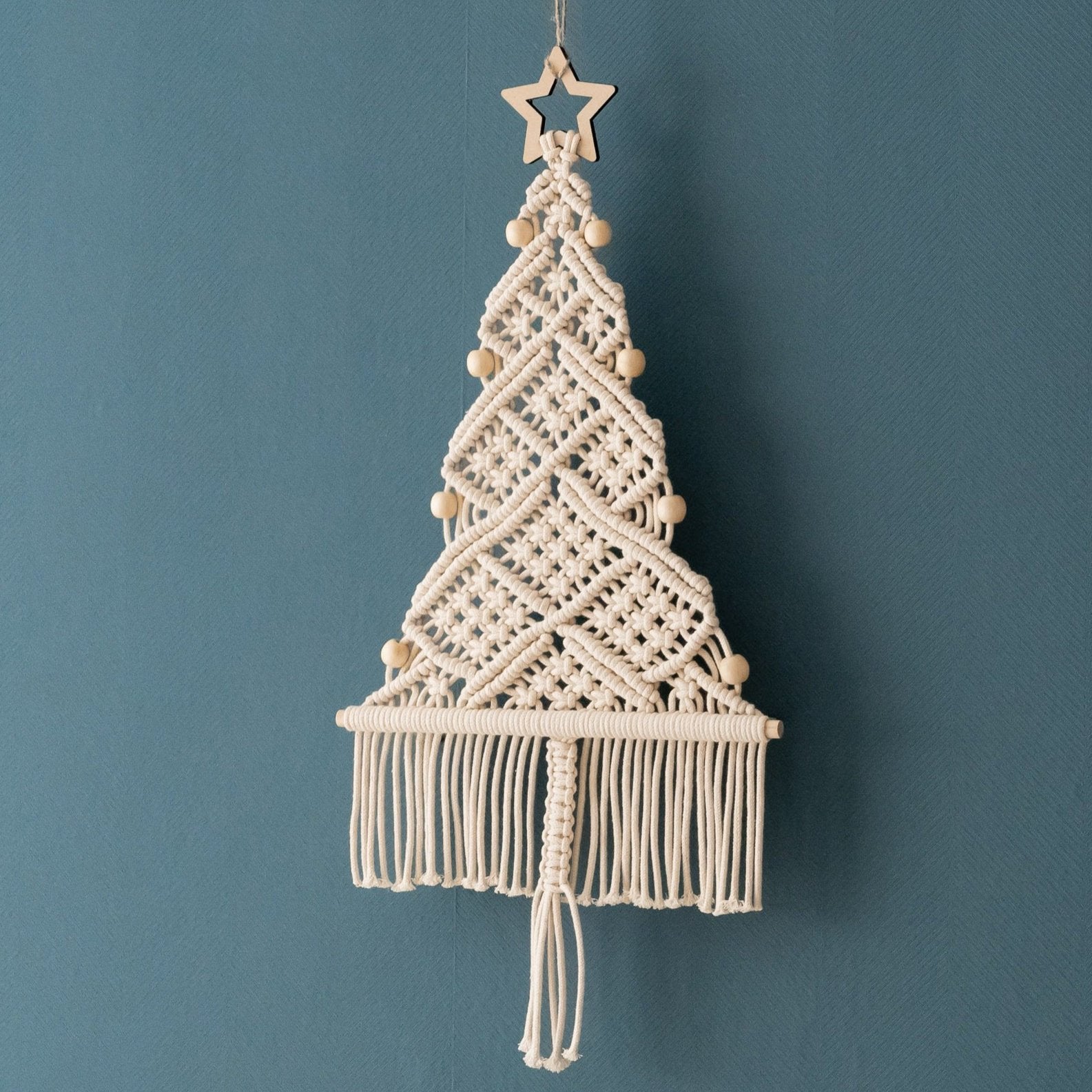 Macrame Beaded Christmas Tree Ornament – Rustic Cotton Cord Decor X33