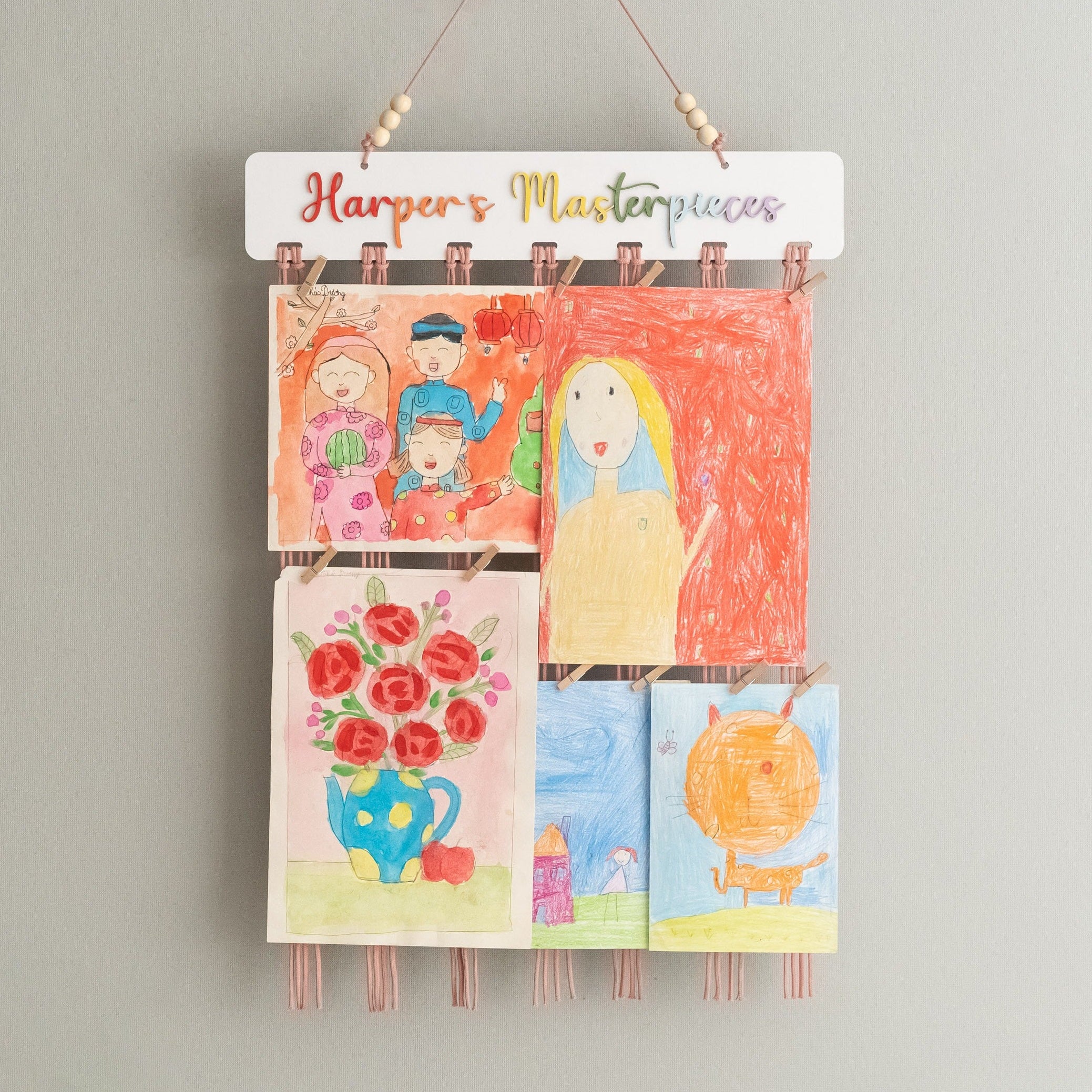 Macrame Kids Art Hanger Wood for Children Artwork Display and Boho Wall Hanging I28