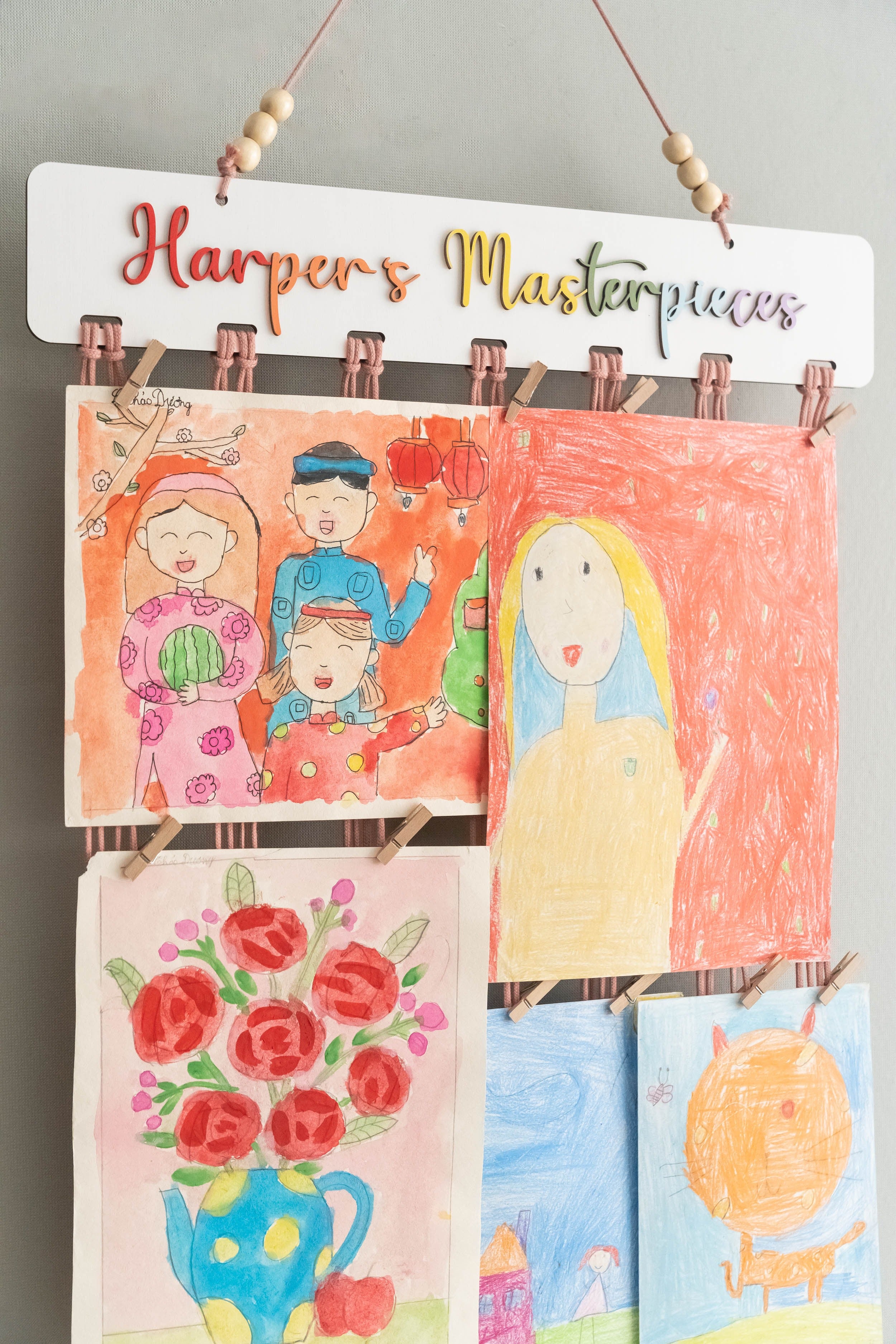 Macrame Kids Art Hanger Wood for Children Artwork Display and Boho Wall Hanging I28