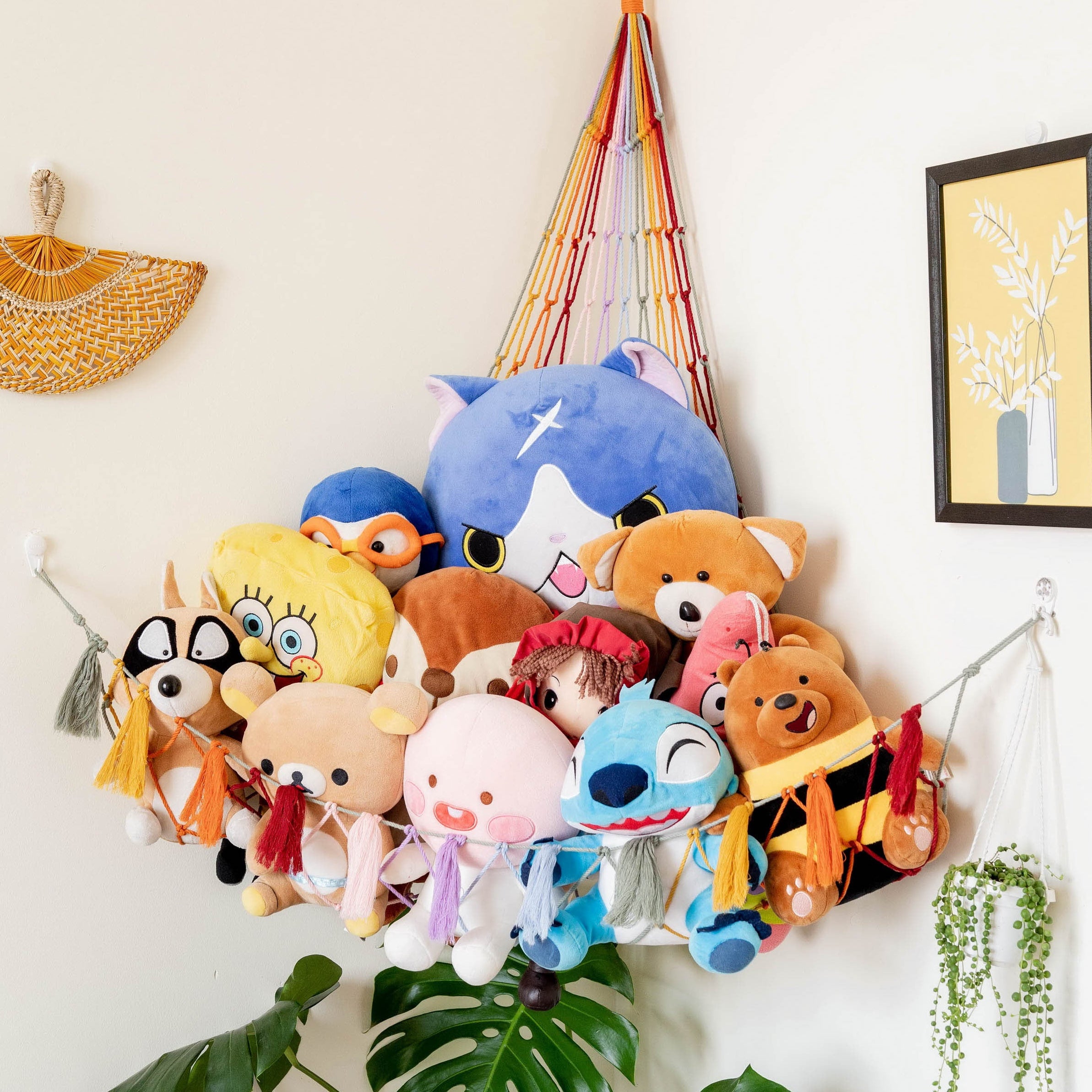 Rainbow Macrame Stuffed Animal Hammock For Nursery Toy Storage H20