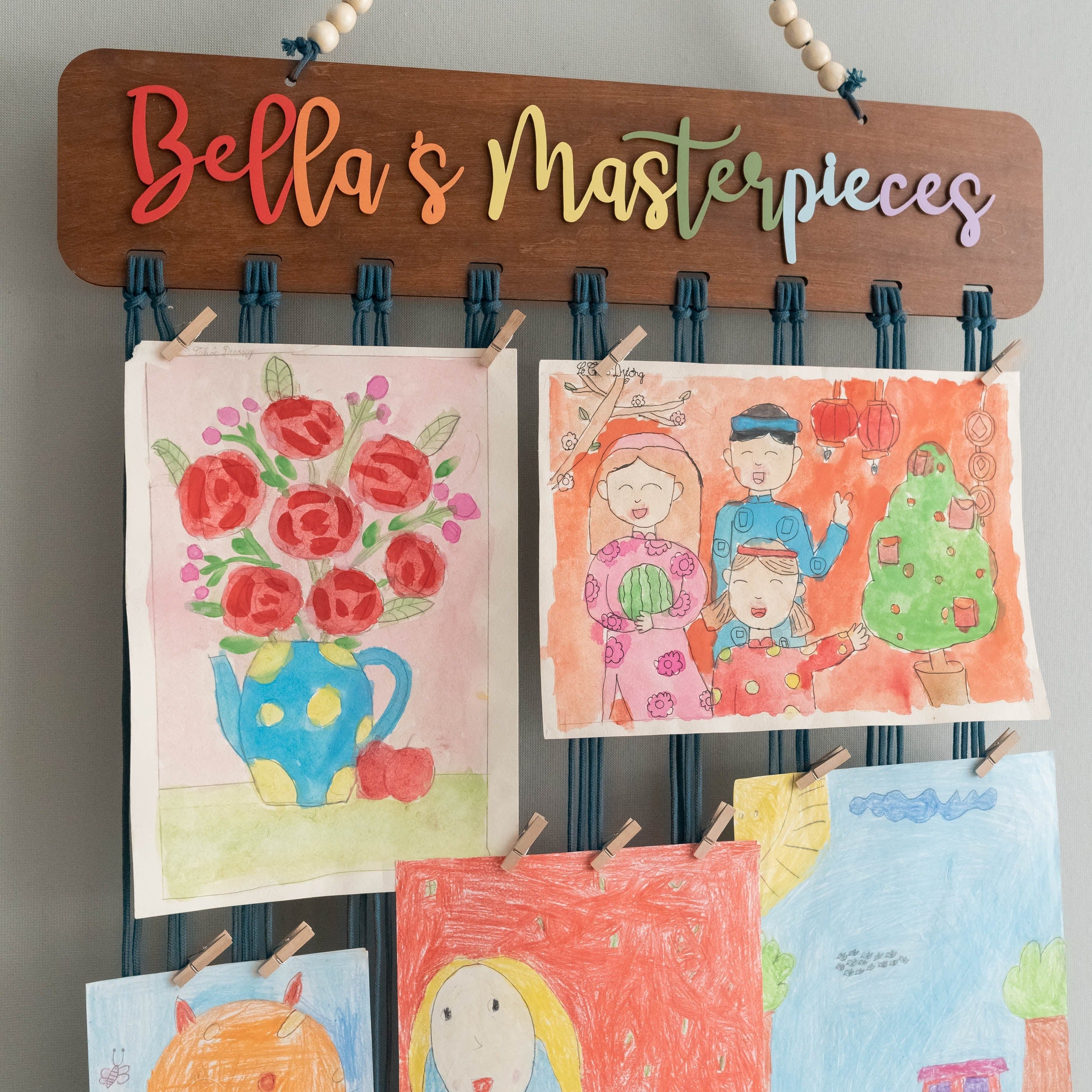 Macrame Kids Art Hanger Wood for Kids Art Display and Boho Wall Decor I28