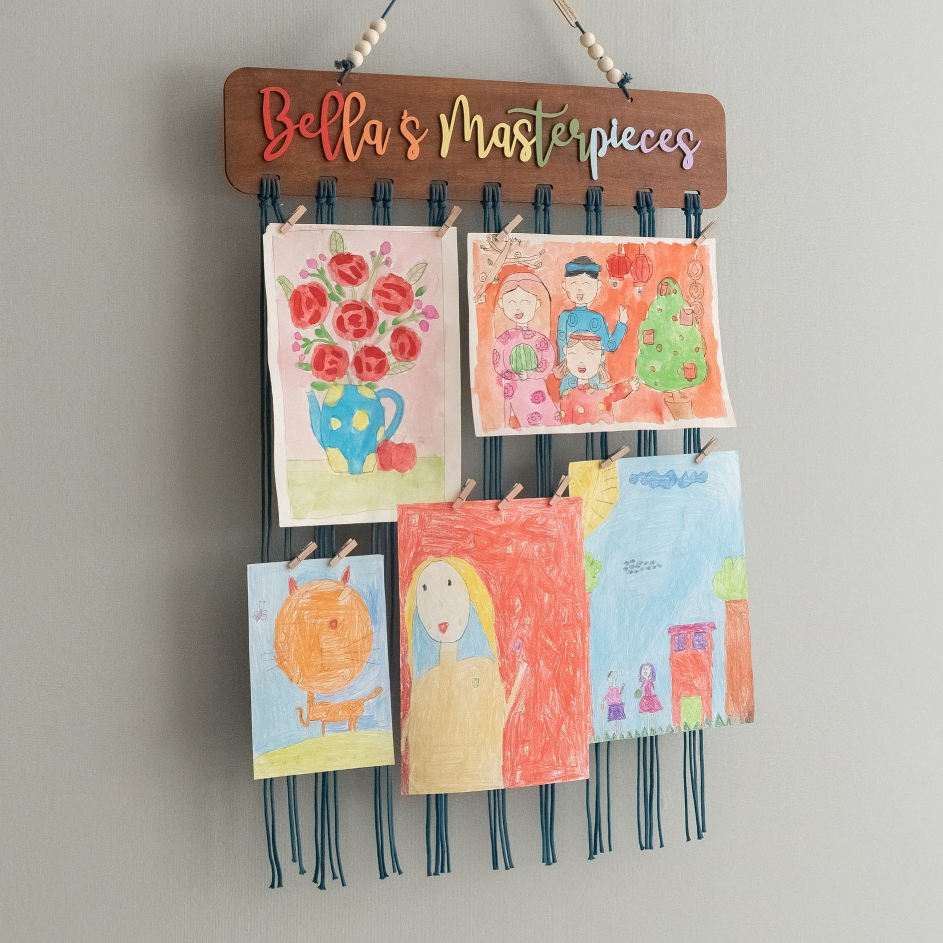 Macrame Kids Art Hanger Wood for Kids Art Display and Boho Wall Decor I28