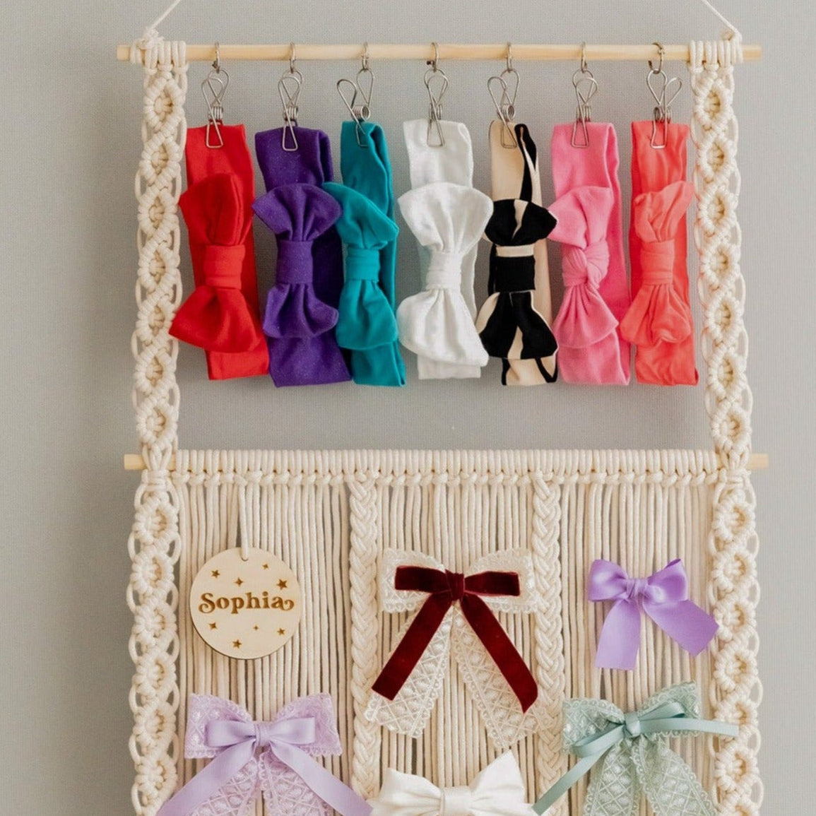 Macrame Hair Bow Holder – Personalized Boho Wall Bow Organizer I59