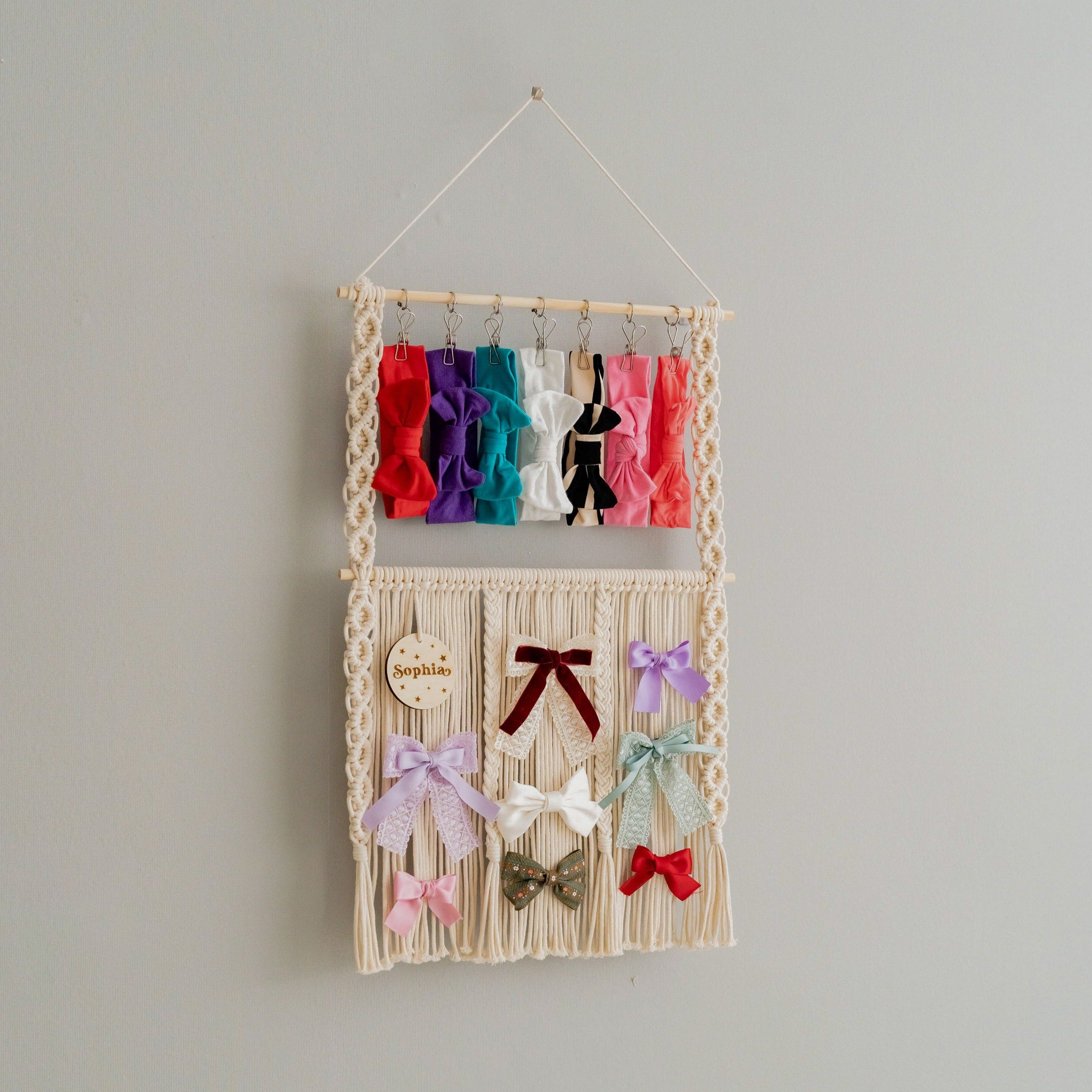 Macrame Hair Bow Holder – Personalized Boho Wall Bow Organizer I59