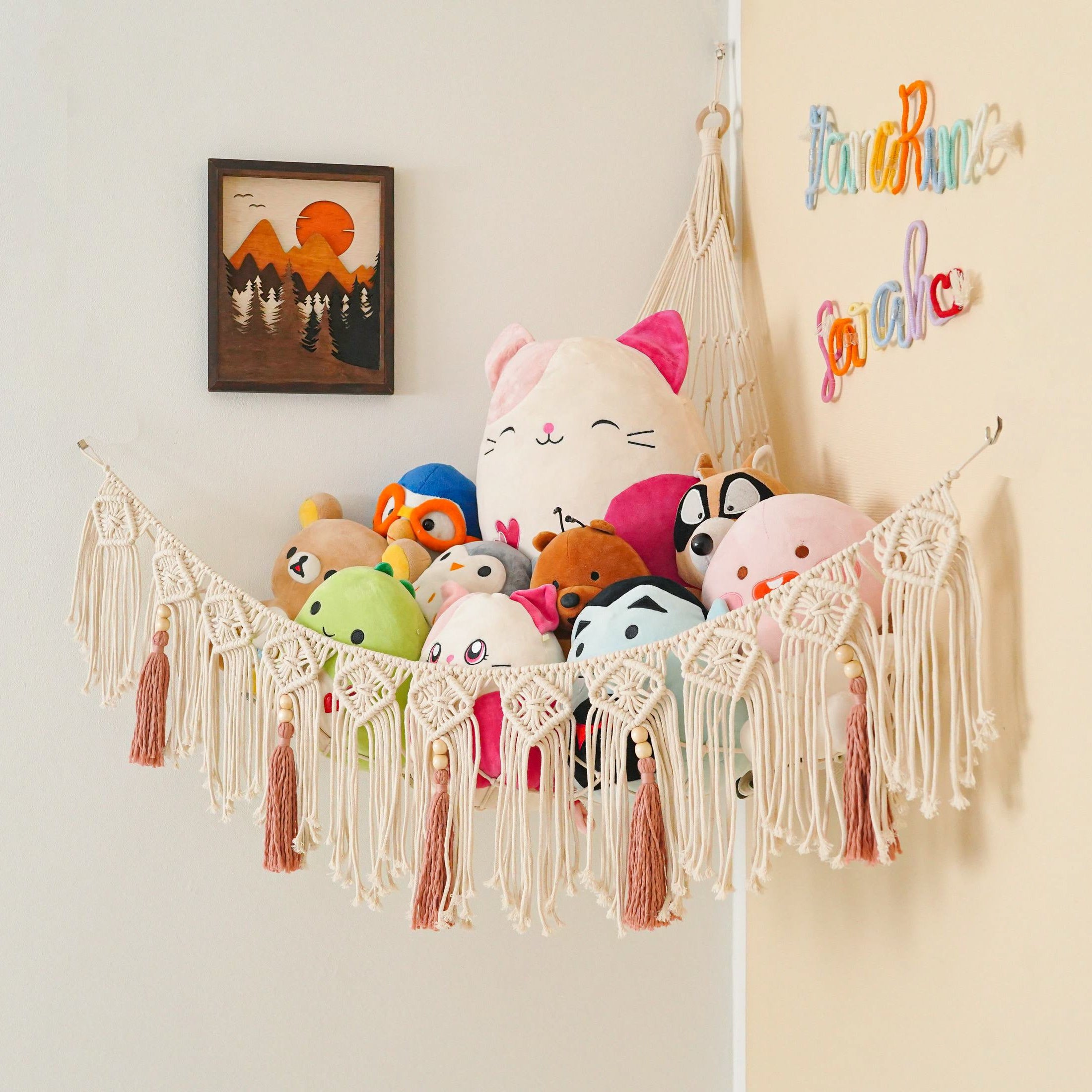 Macrame Toy Hammock with Tassels – Nursery Storage Net I20