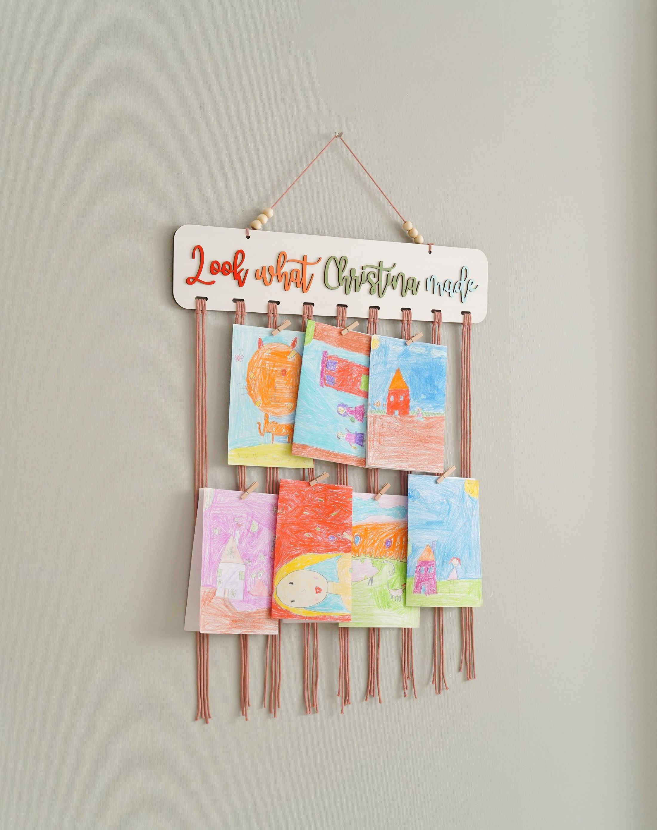 Macrame Kids Art Hanger Wood for Kids Art Display and Boho Wall Decor I28
