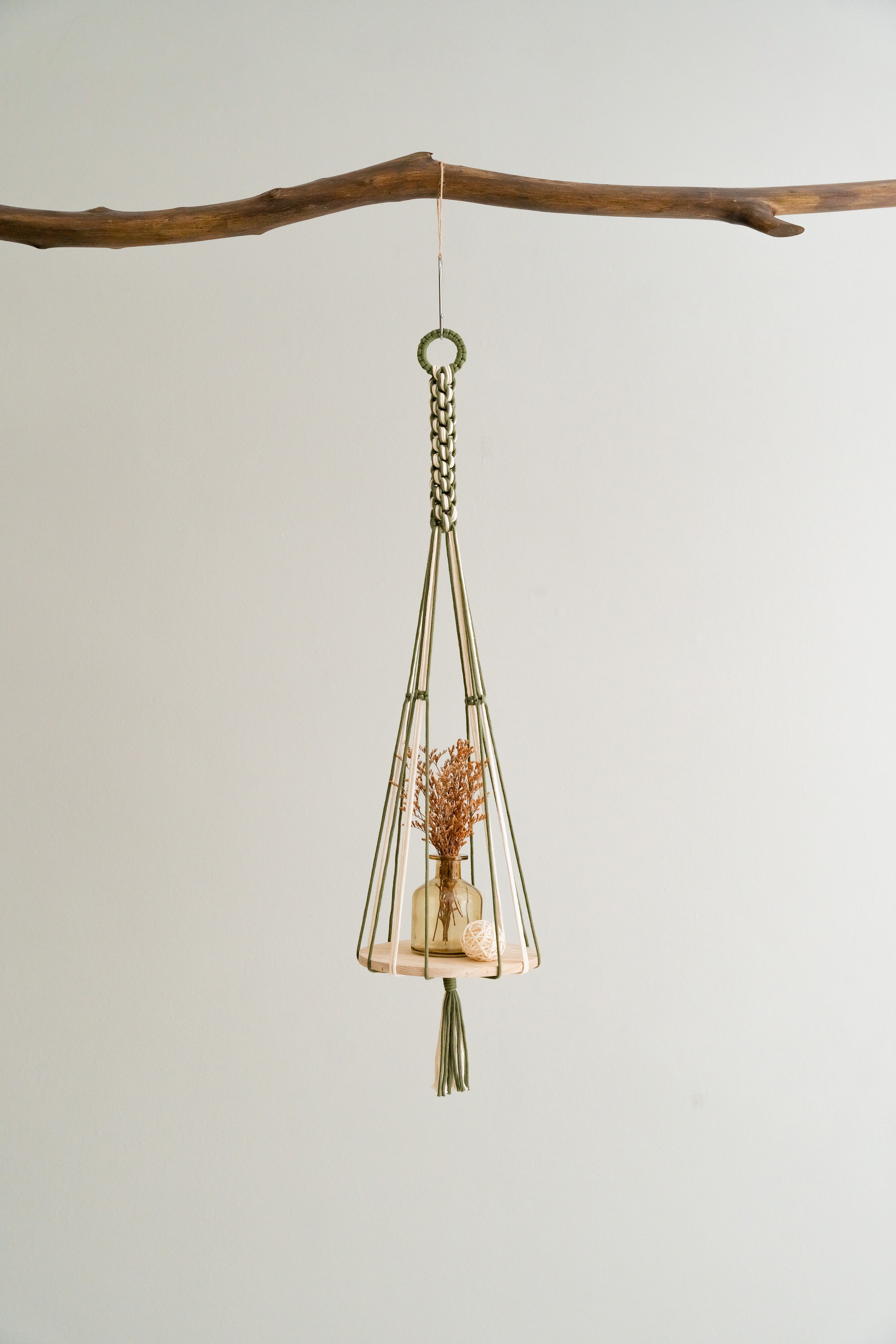 Boho Macrame Wood Tray Plant Hanger with Tail – Indoor Decor Basket S22