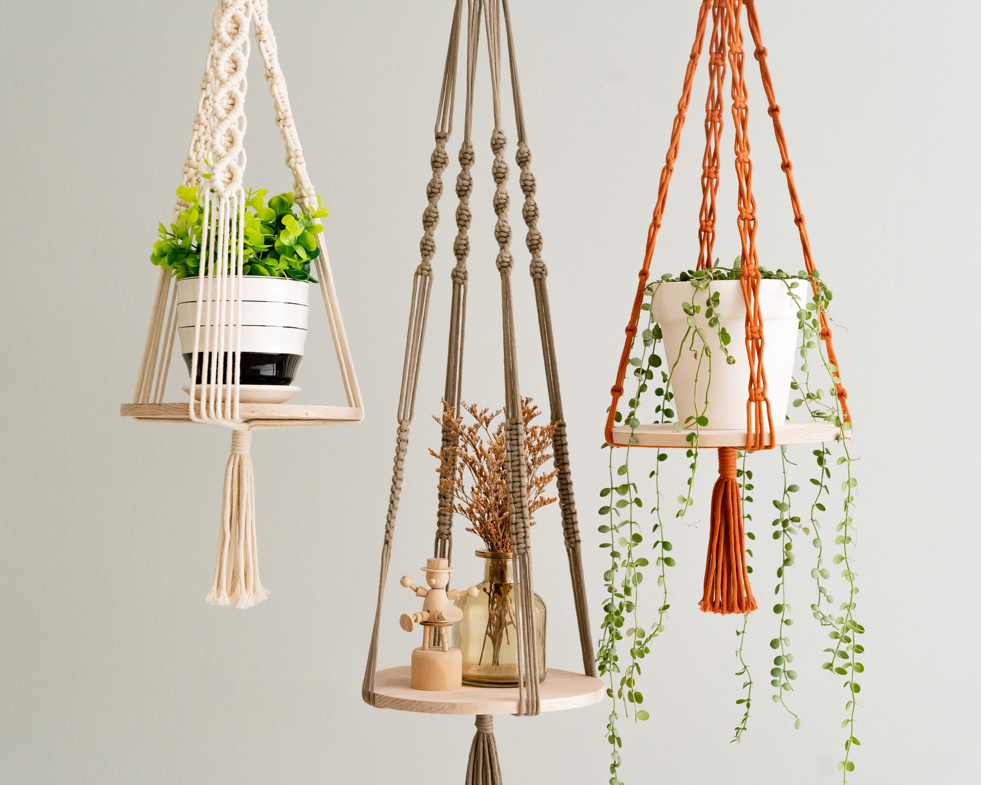 Macrame Wood Tray Plant Hanger macrame cord for Indoor Plant Hanger and Hanging Plant Shelf S21
