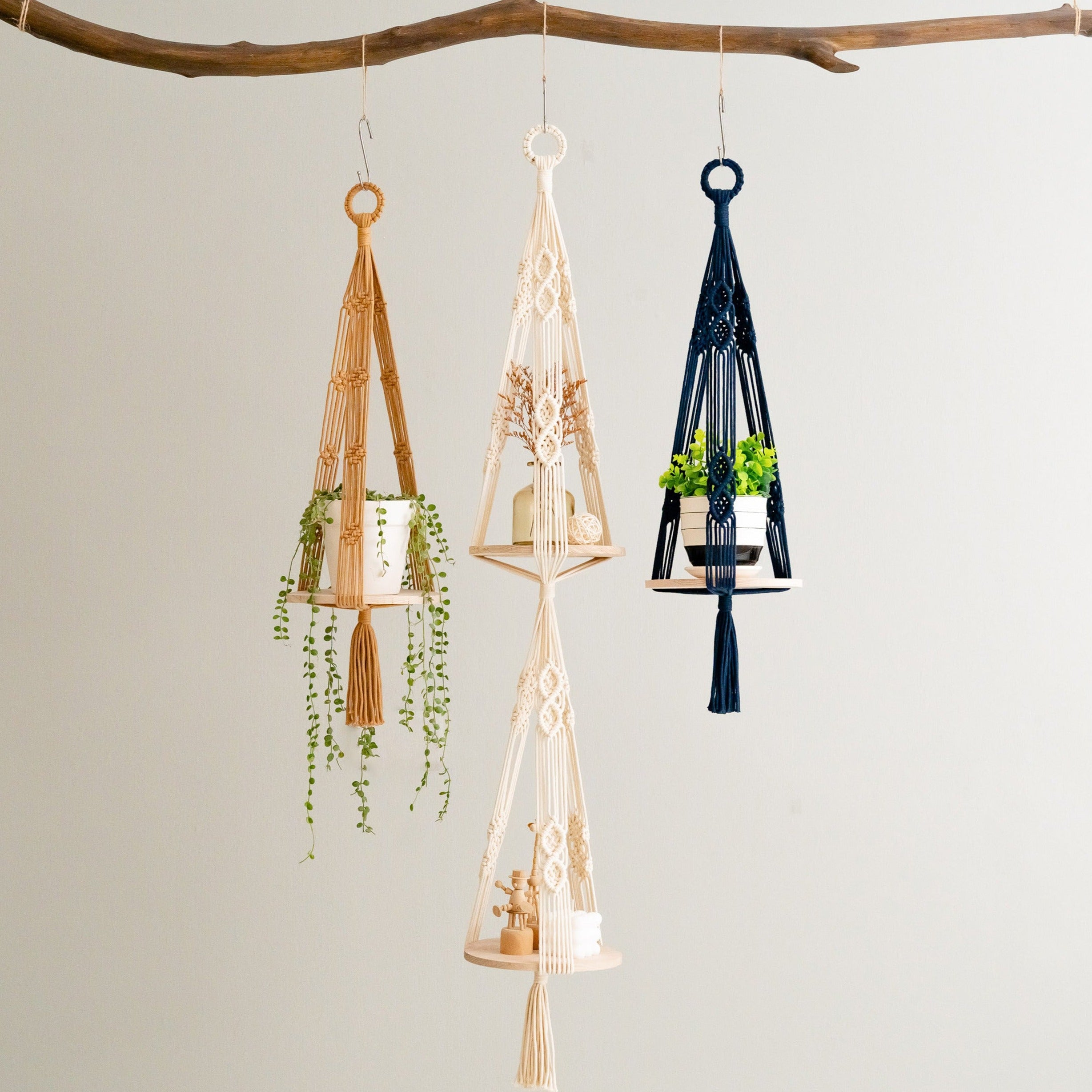 Boho Wooden Board Plant Hanger – Cotton Cord Indoor Plant Shelf S23