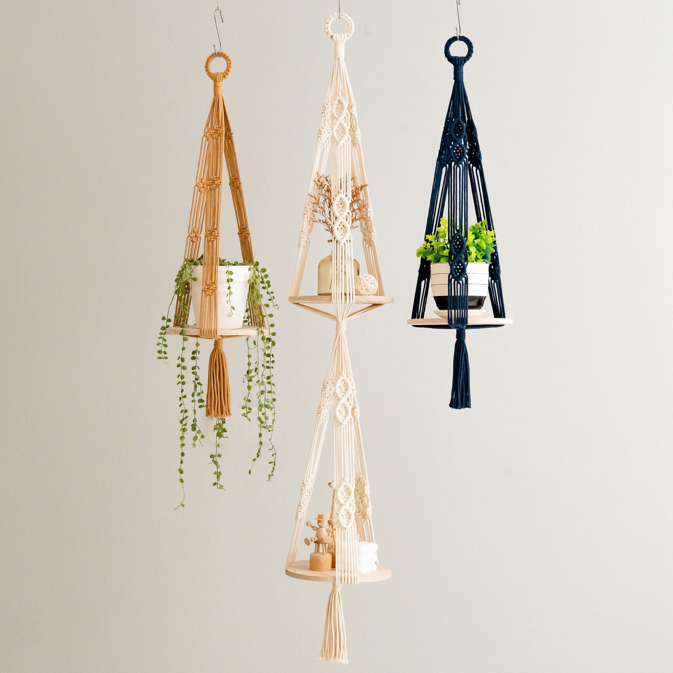 Boho Wooden Board Plant Hanger – Cotton Cord Indoor Plant Shelf S23