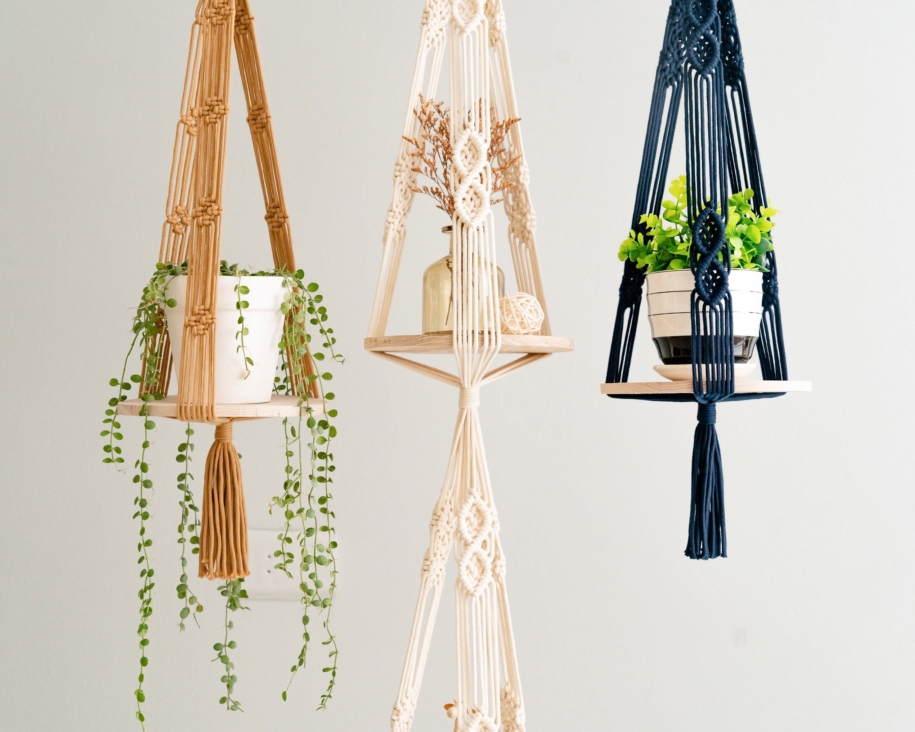 Boho Wooden Board Plant Hanger – Cotton Cord Indoor Plant Shelf S23