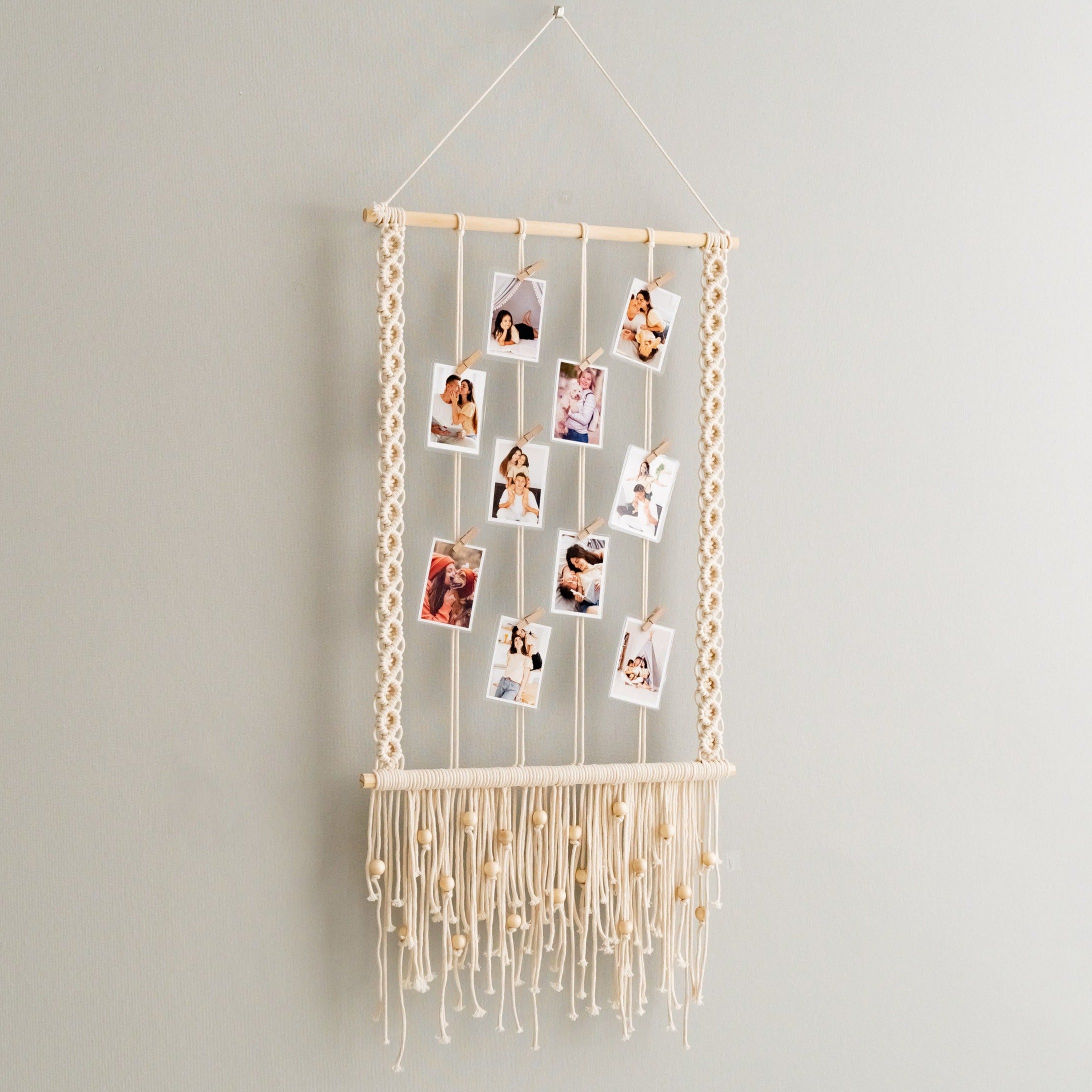 Macrame Wooden Bead Photo Hanger – Boho Wall Display H89