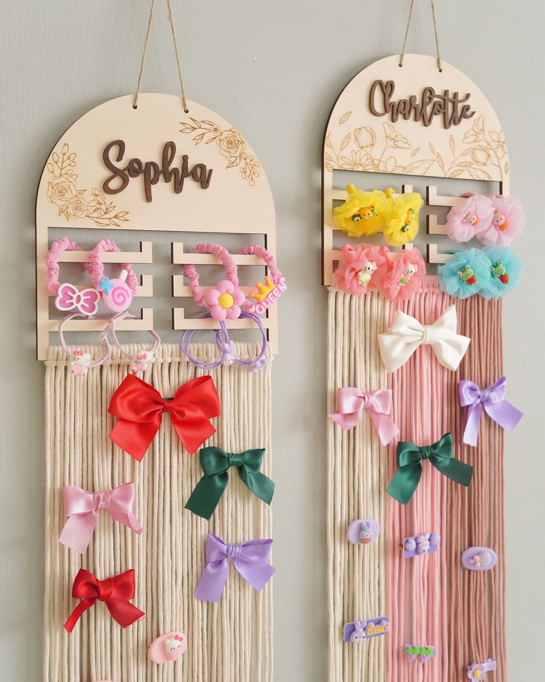 Personalized Macrame Bow Holder - Wooden Wall Organizer for Girls H97