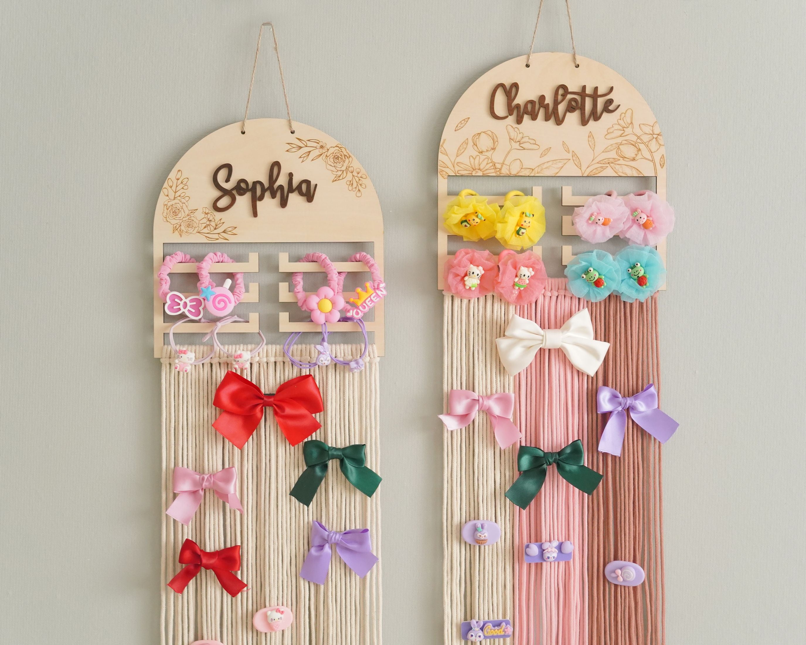 Personalized Macrame Bow Holder - Wooden Wall Organizer for Girls H97