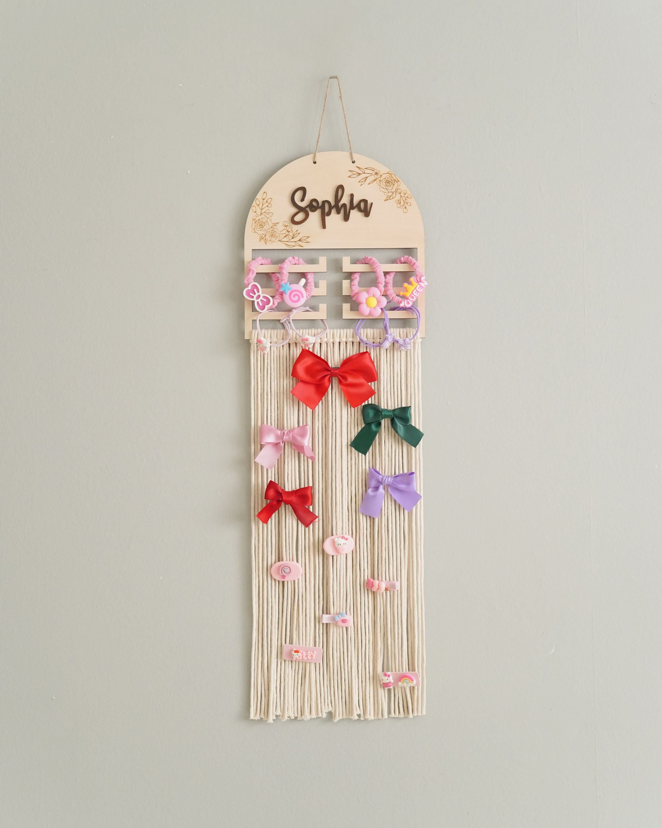 Personalized Macrame Bow Holder - Wooden Wall Organizer for Girls H97