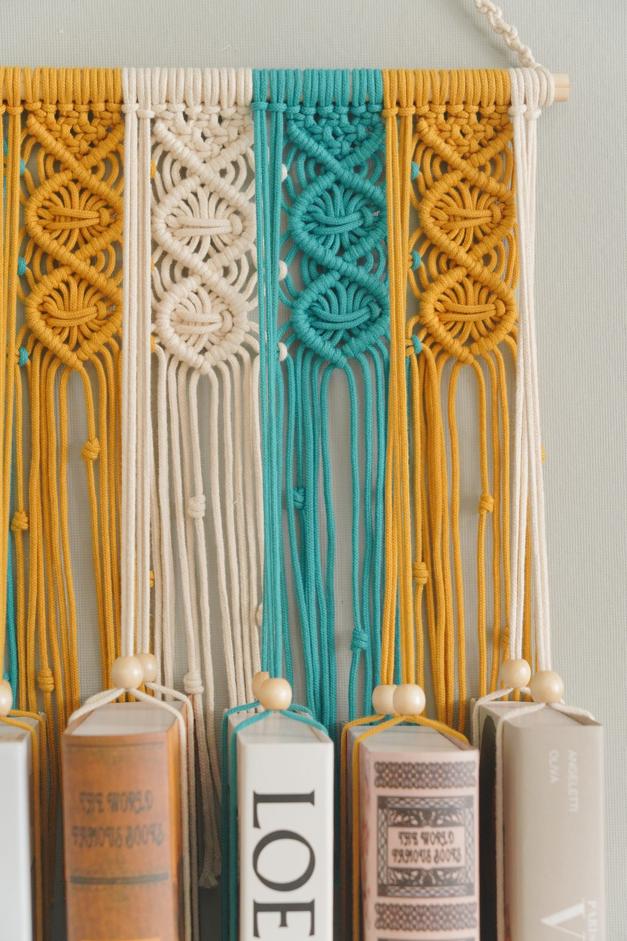 Macrame Book Holder with Wooden Stick for Wall Book Storage I33