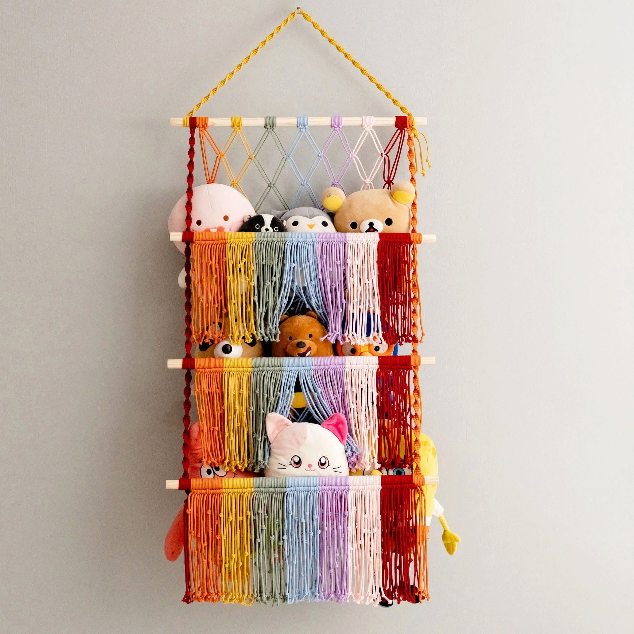 Rainbow Macrame Toy Storage Hammock For Plush Toy Storage and Boho Kids Decor H72