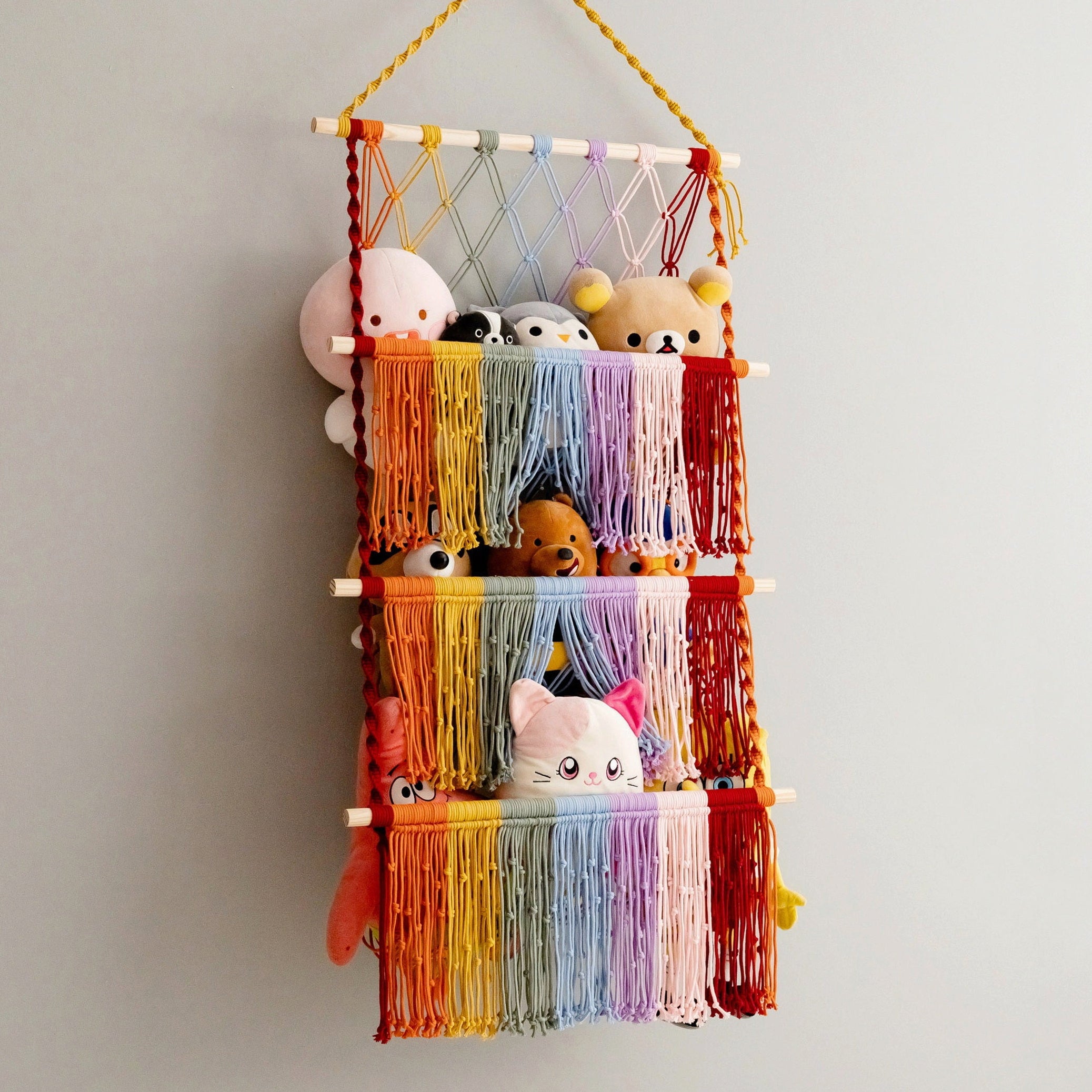 Rainbow Macrame Toy Storage Hammock For Plush Toy Storage and Boho Kids Decor H72