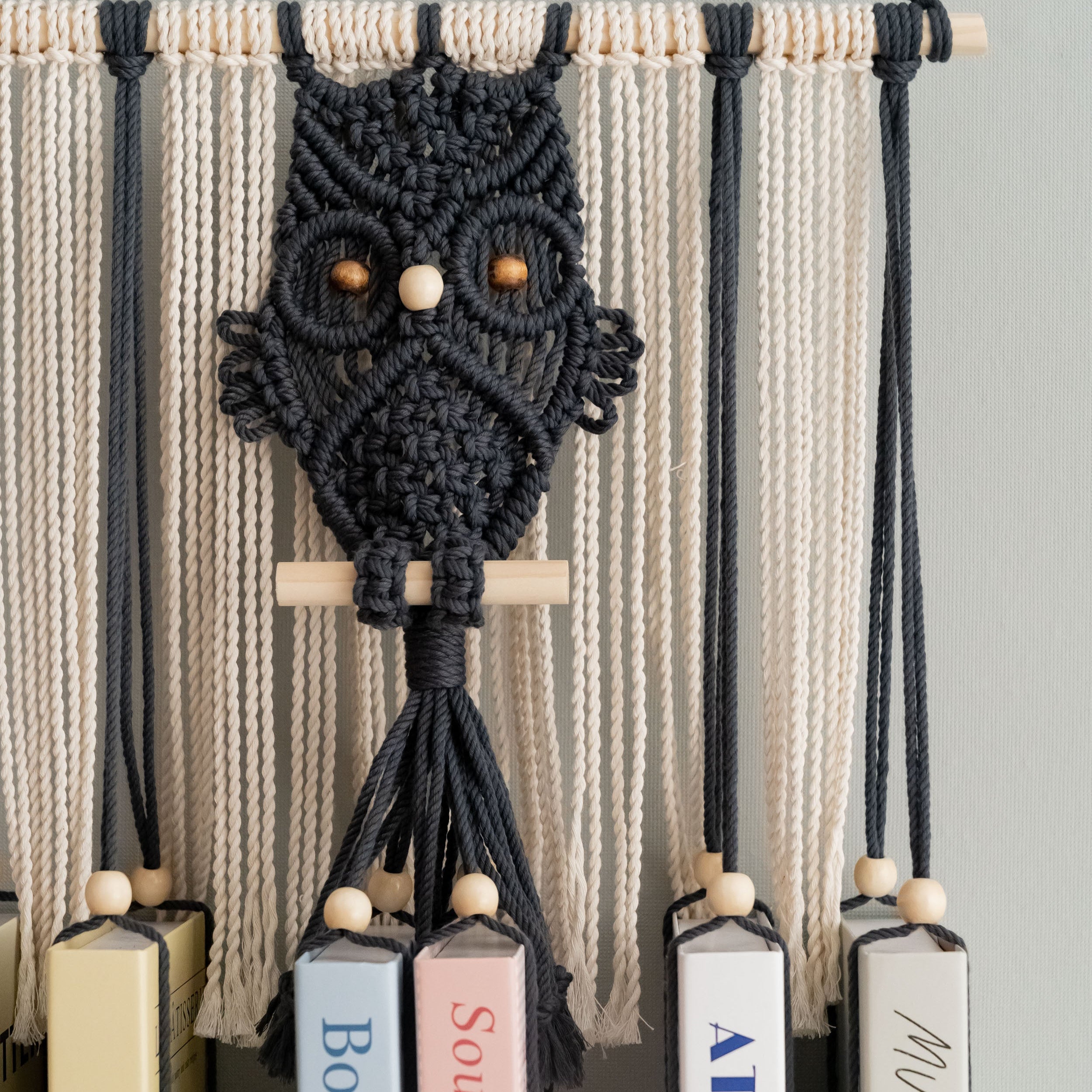 Macrame Owl Book Hanger – Hanging Bookshelf with Owl Design H76
