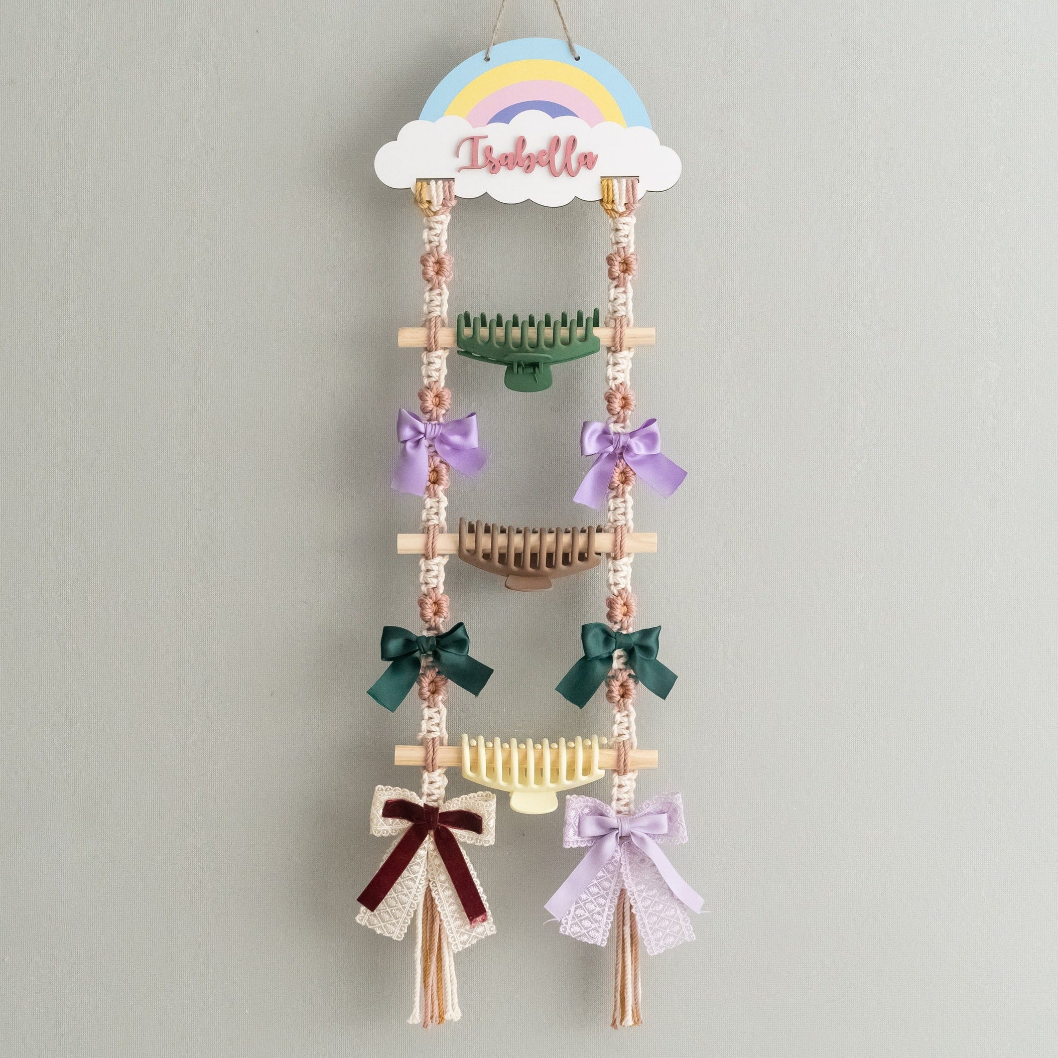 Personalized Macrame Hair Clip Holder Driftwood for Girls Hair Bow Holder and Boho Wall Hanging Organizer I92