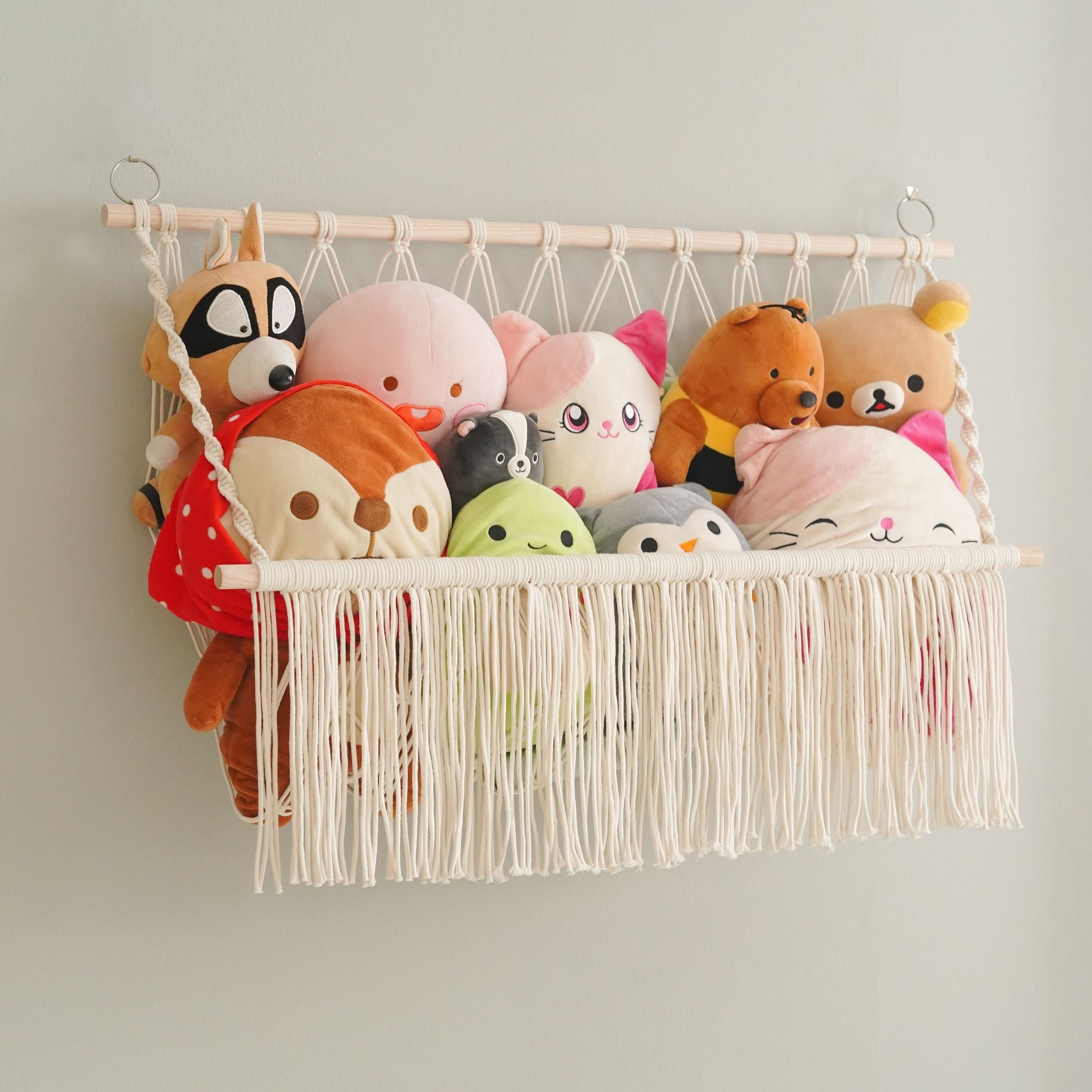 Macrame Toy Storage Hammock for Stuffed Animal Wall Storage H24