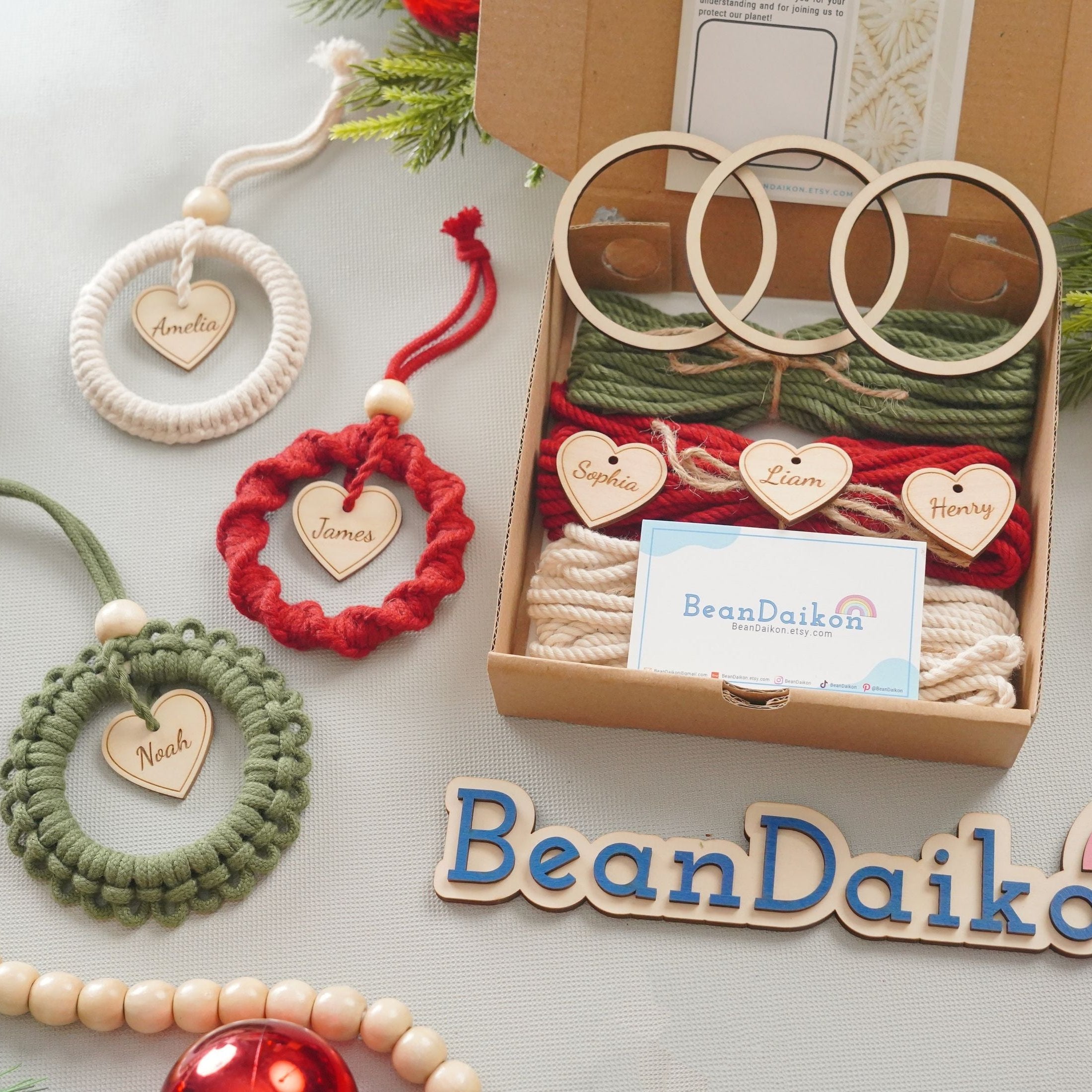 DIY Christmas Wreath Trio Kit – Personalized Macrame Ornament Set K66